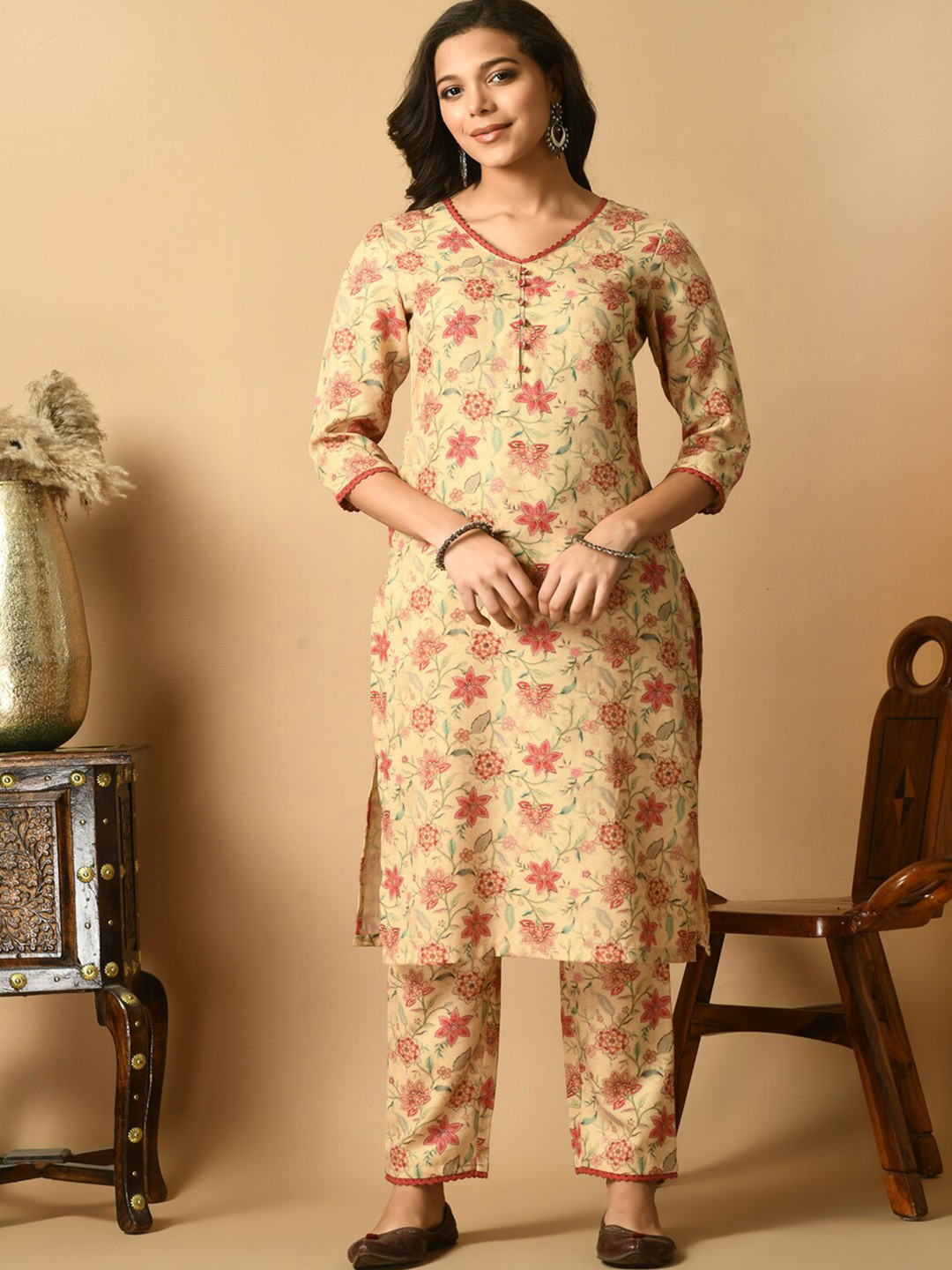

KALINI Floral Printed V-Neck Straight Kurta with Trousers, Beige