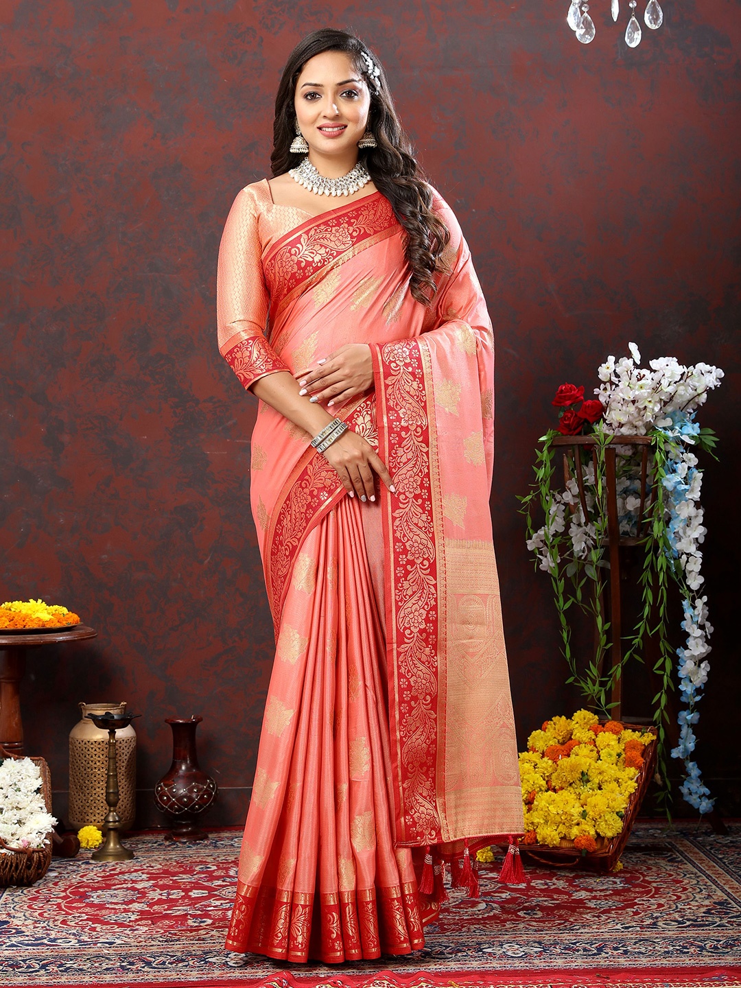 

NIWAA Ethnic Motifs Woven Design Zari Banarasi Saree, Orange
