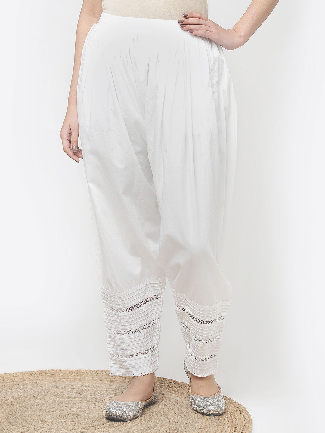 

Lakshita Lace Detailing Pure Cotton Pleated Loose-Fit Salwar, White