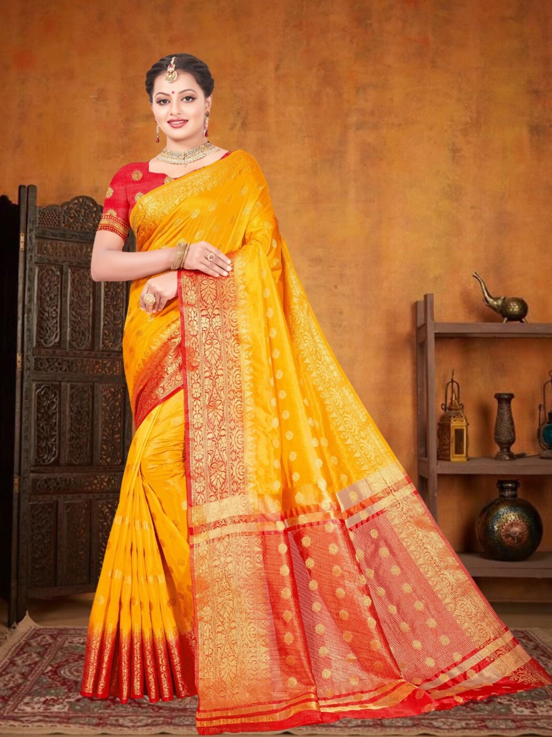 

Mitera Ethnic Motifs Woven Design Zari Kanjeevaram Saree, Yellow