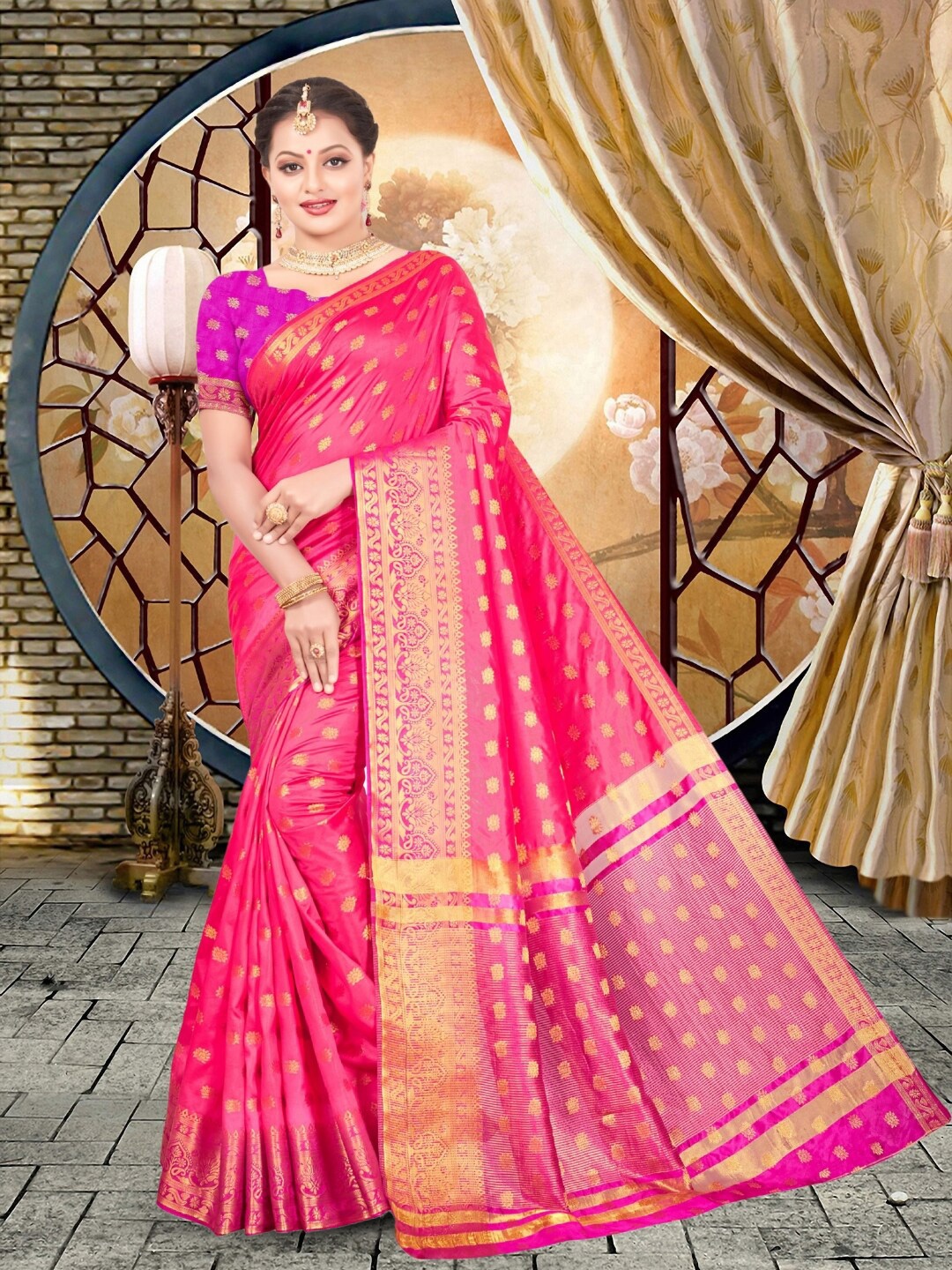 

Mitera Ethnic Motif Woven Design Zari Art Silk Banarasi Saree, Pink