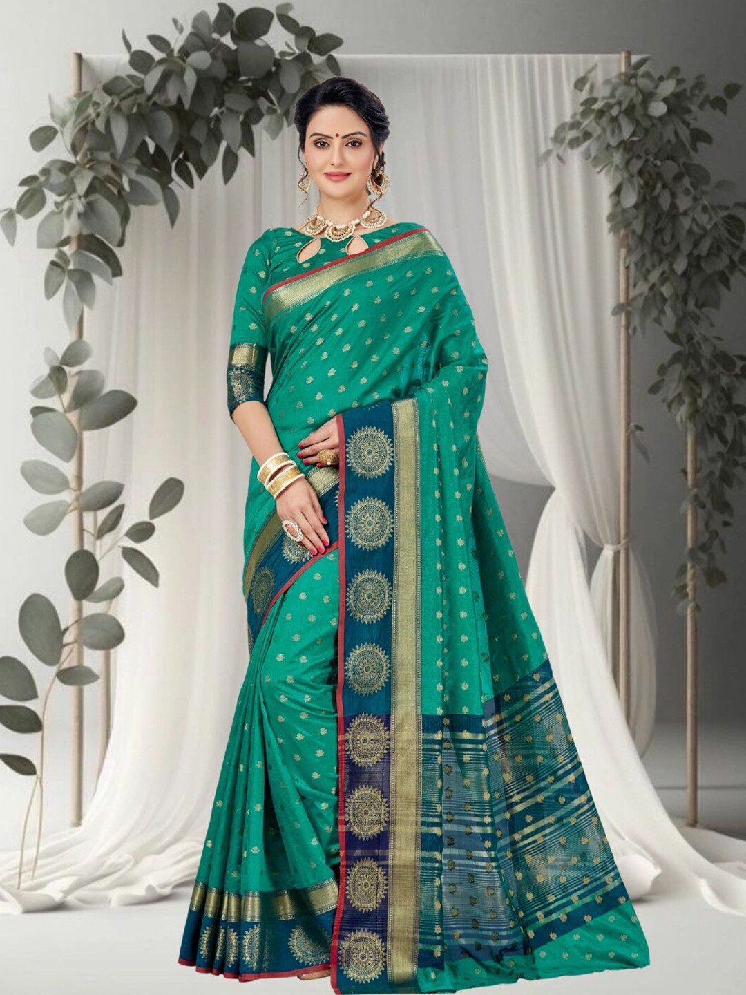 

Mitera Turquoise Woven Design Zari Kanjeevaram Saree, Turquoise blue