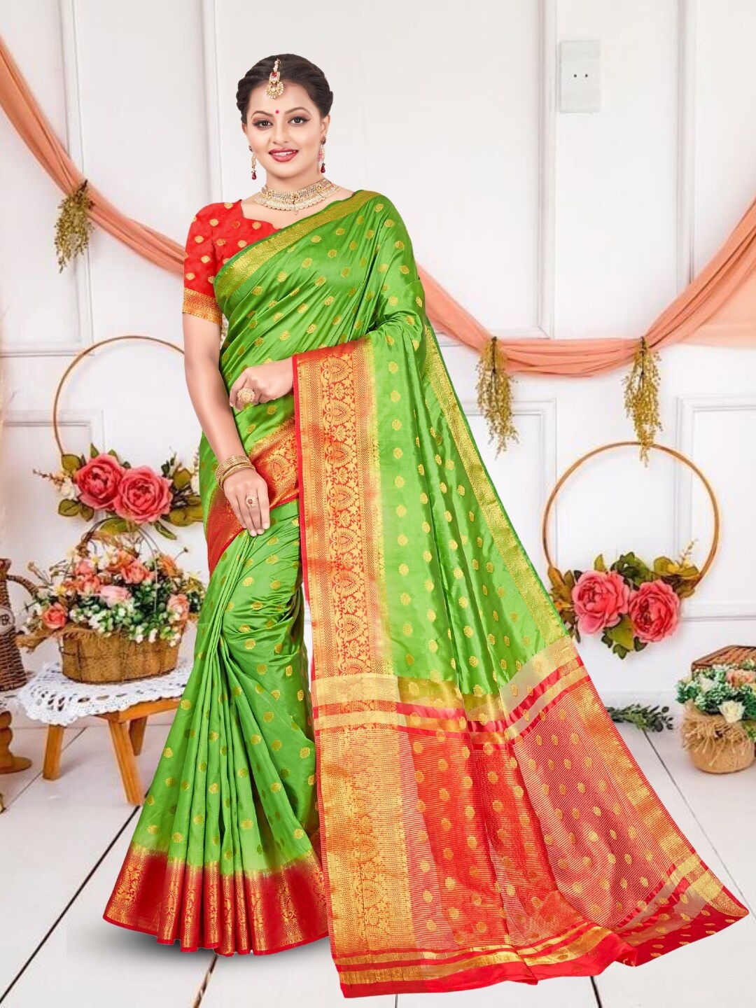 

Mitera Woven Design Zari Kanjeevaram Saree, Green