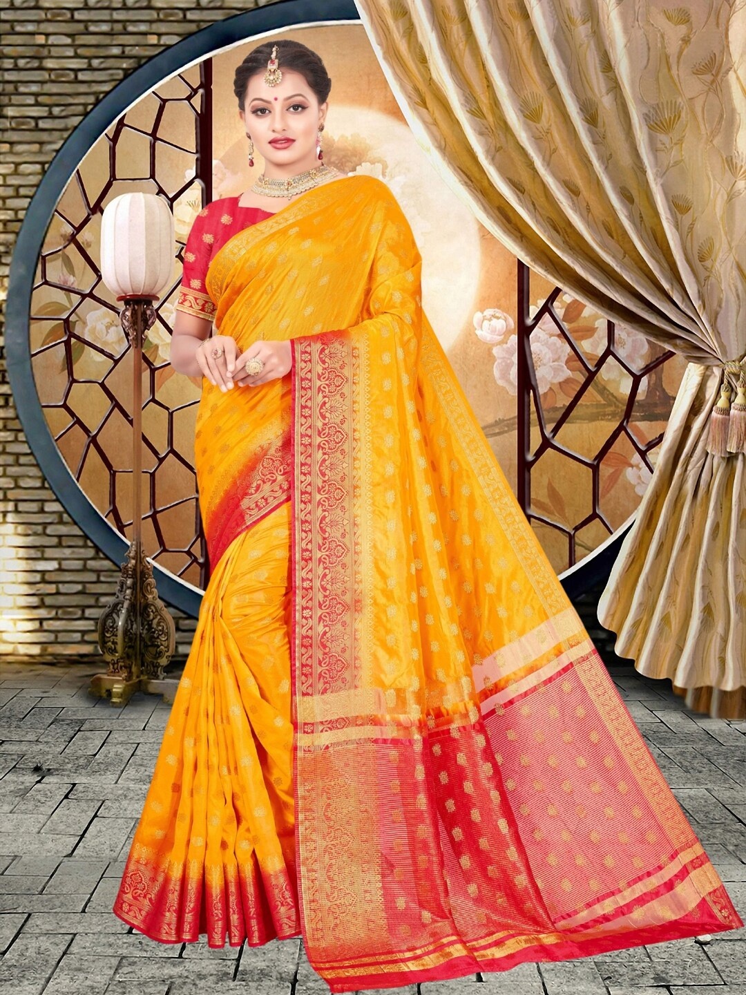 

Mitera Ethnic Motifs Woven Design Zari Kanjeevaram Saree, Yellow