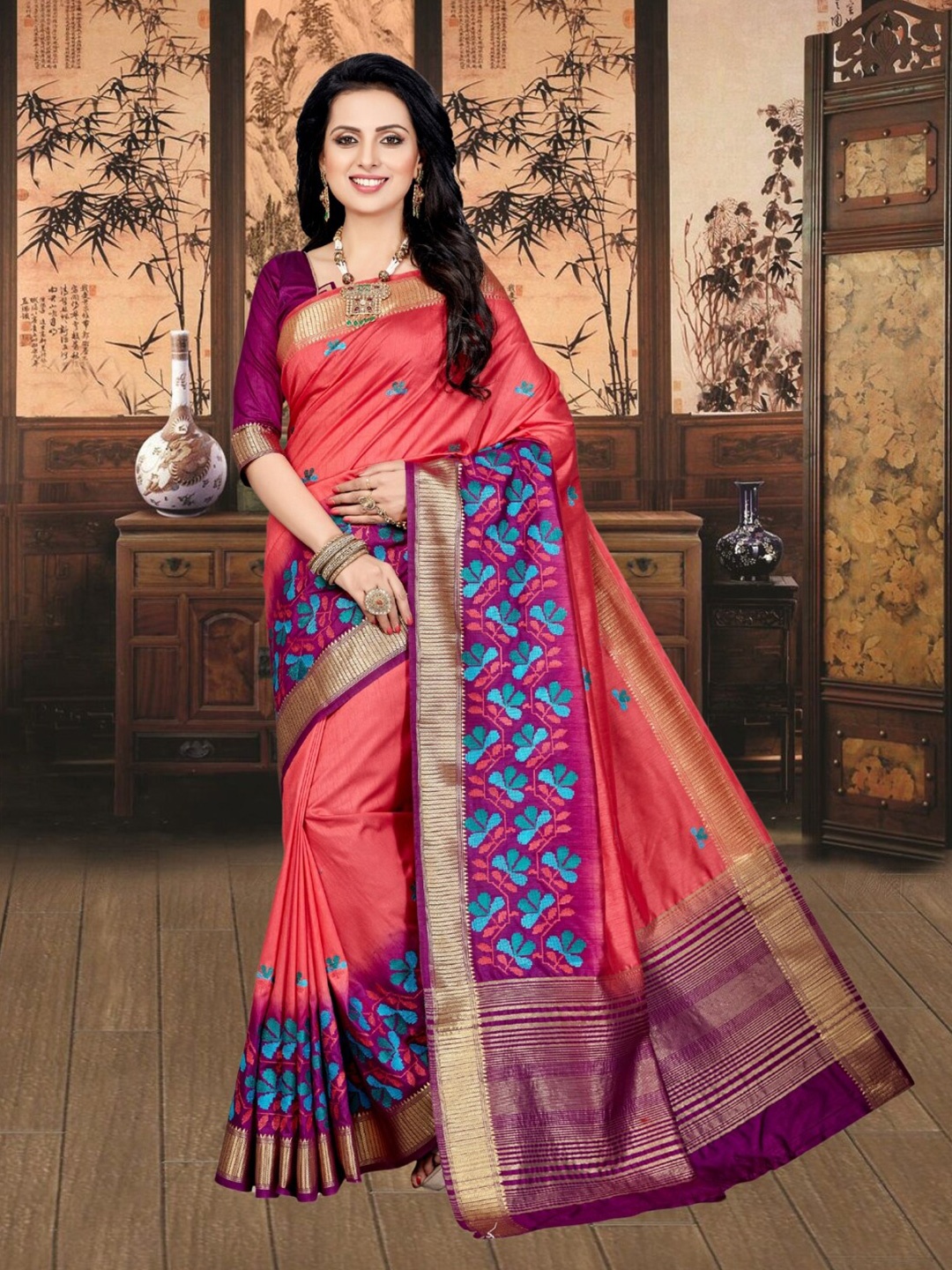 

Mitera Geometric Embroidered Kanjeevaram Saree, Pink