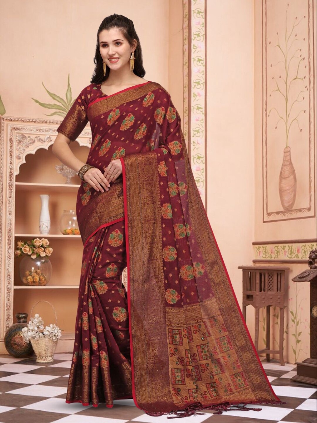 

Mitera Rust & Gold toned Woven Design Zari Pure Cotton Chanderi Saree