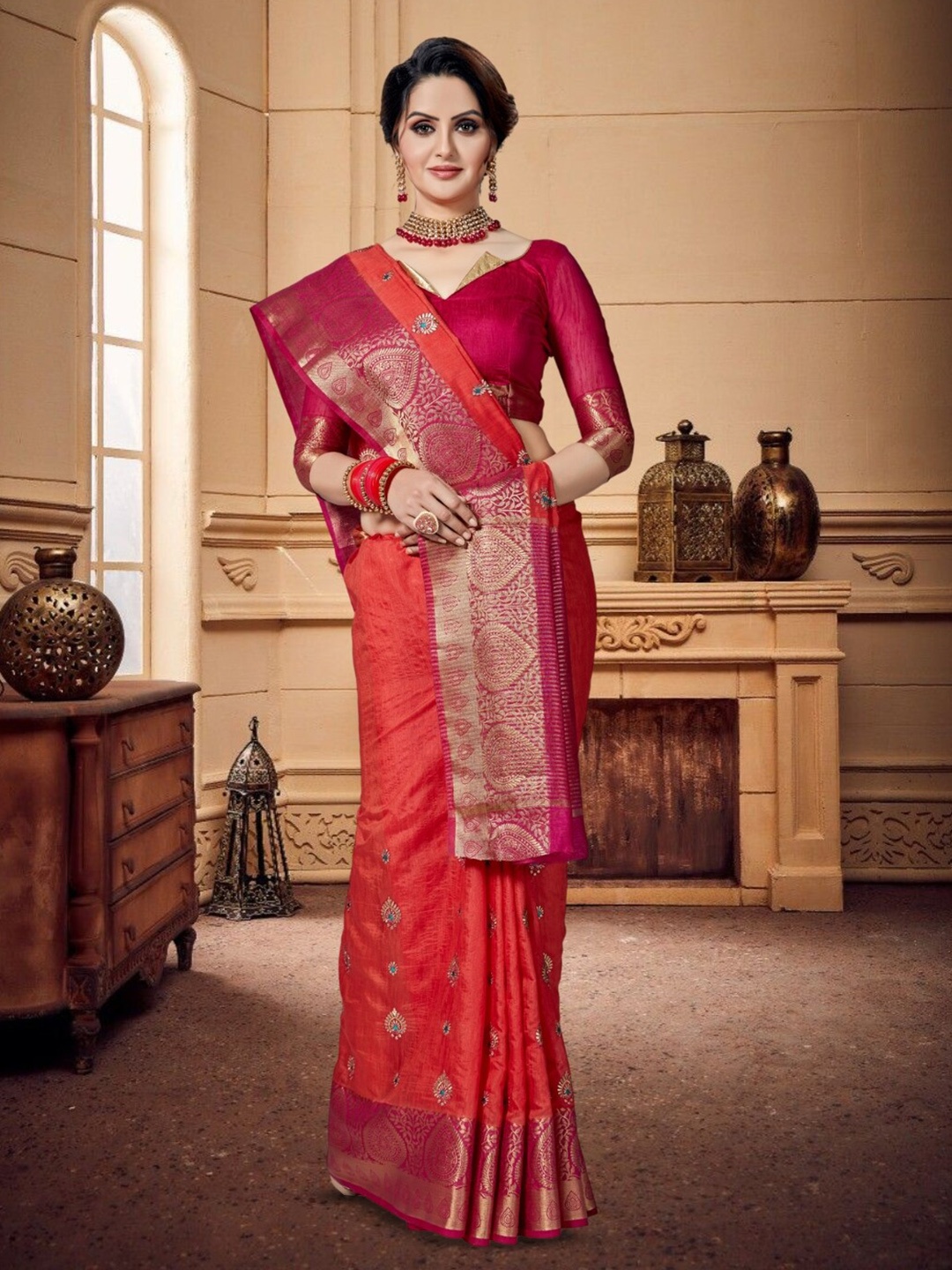 

Mitera Woven Design Zari Kanjeevaram Saree, Orange