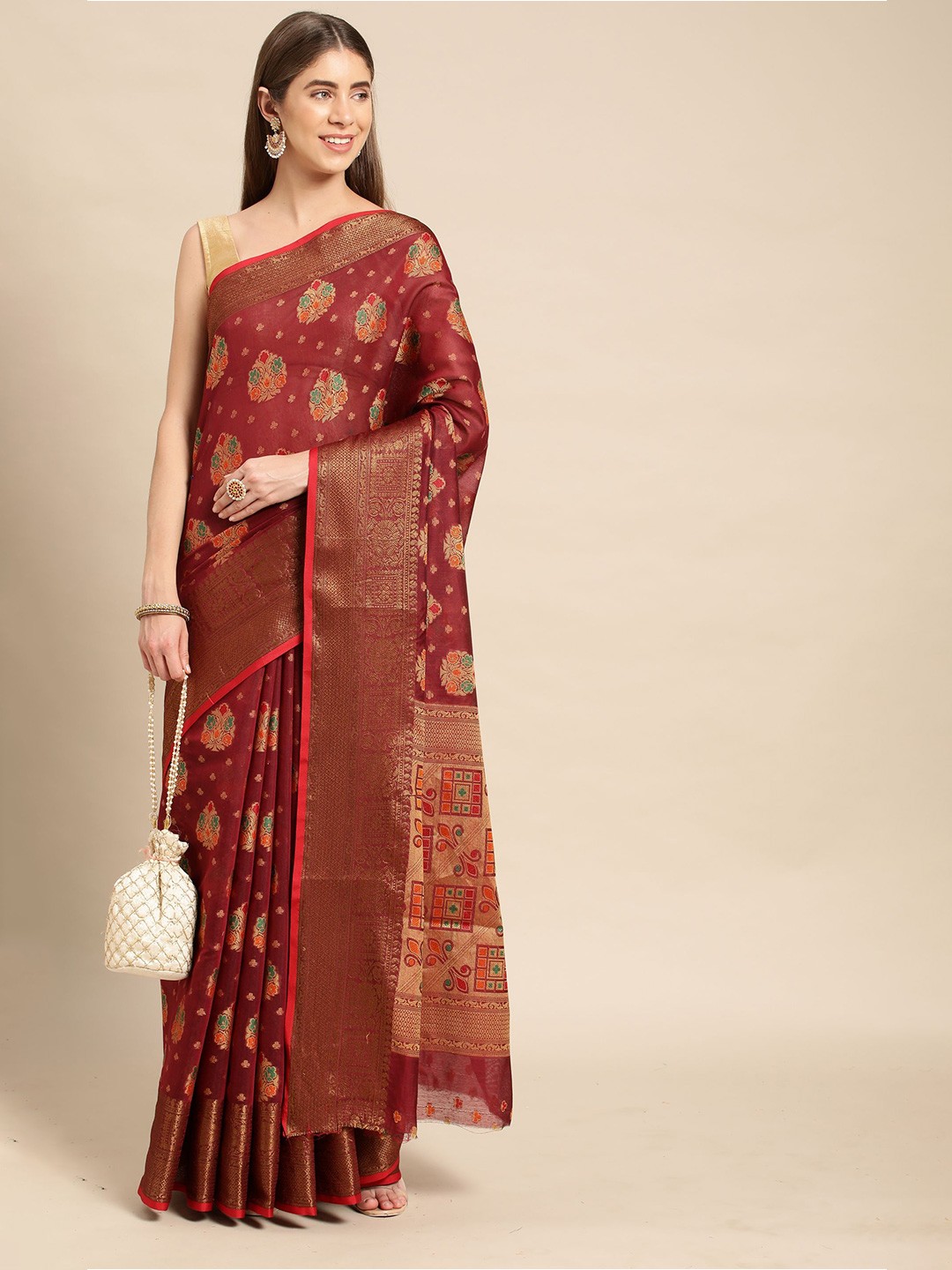 

Mitera Woven Design Zari Pure Cotton Chanderi Saree, Rust