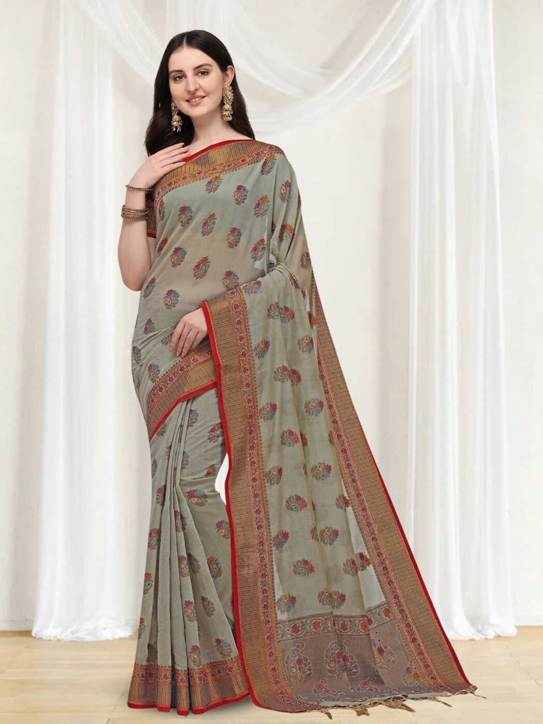 

Mitera Ethnic Motifs Zari Pure Cotton Chanderi Saree, Taupe