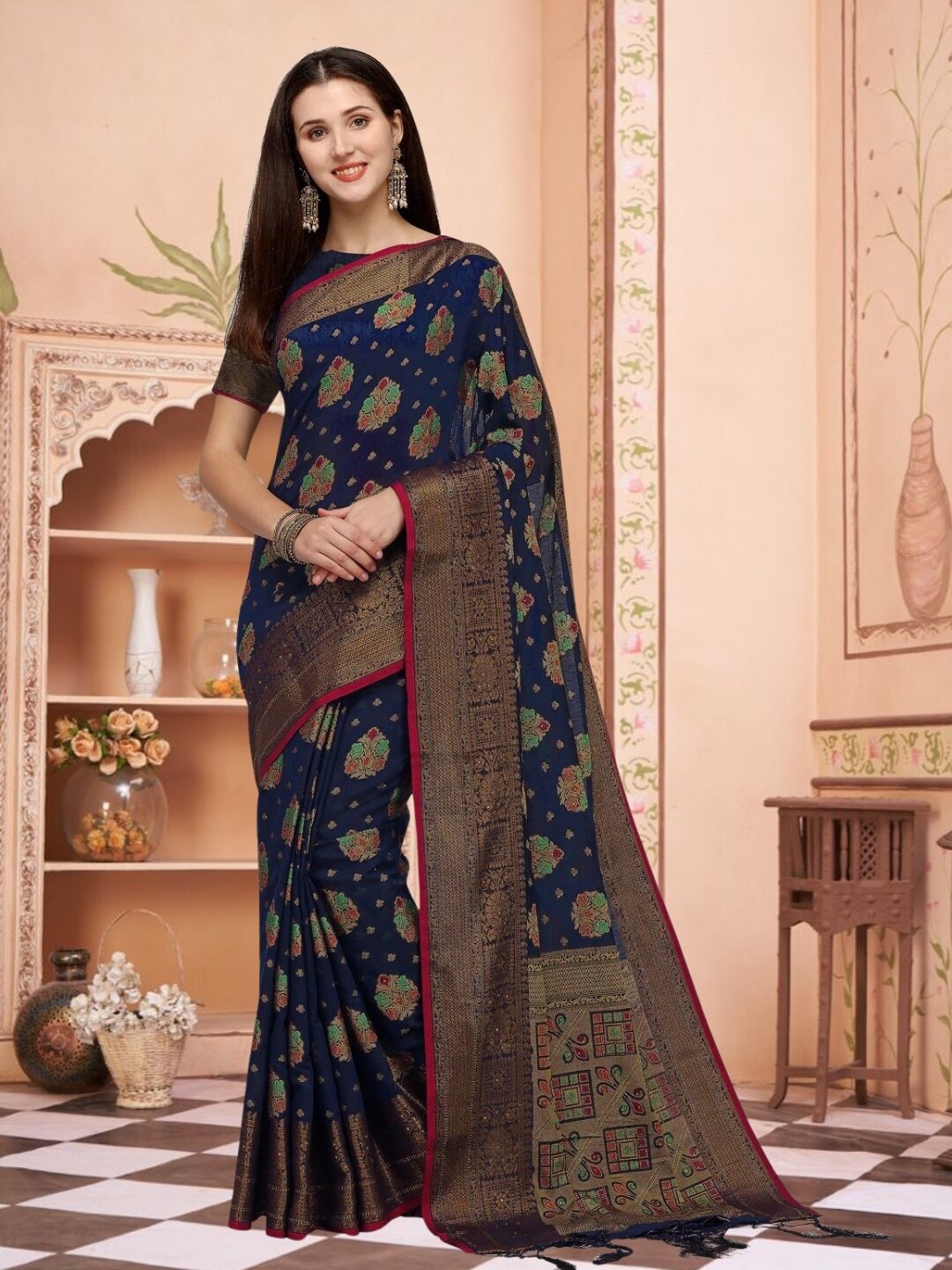 

Mitera Woven Design Zari Pure Cotton Chanderi Saree, Navy blue
