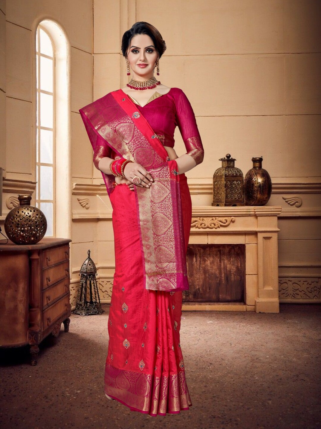 

Mitera Woven Design Zari Silk Kanjeevaram Saree, Rose