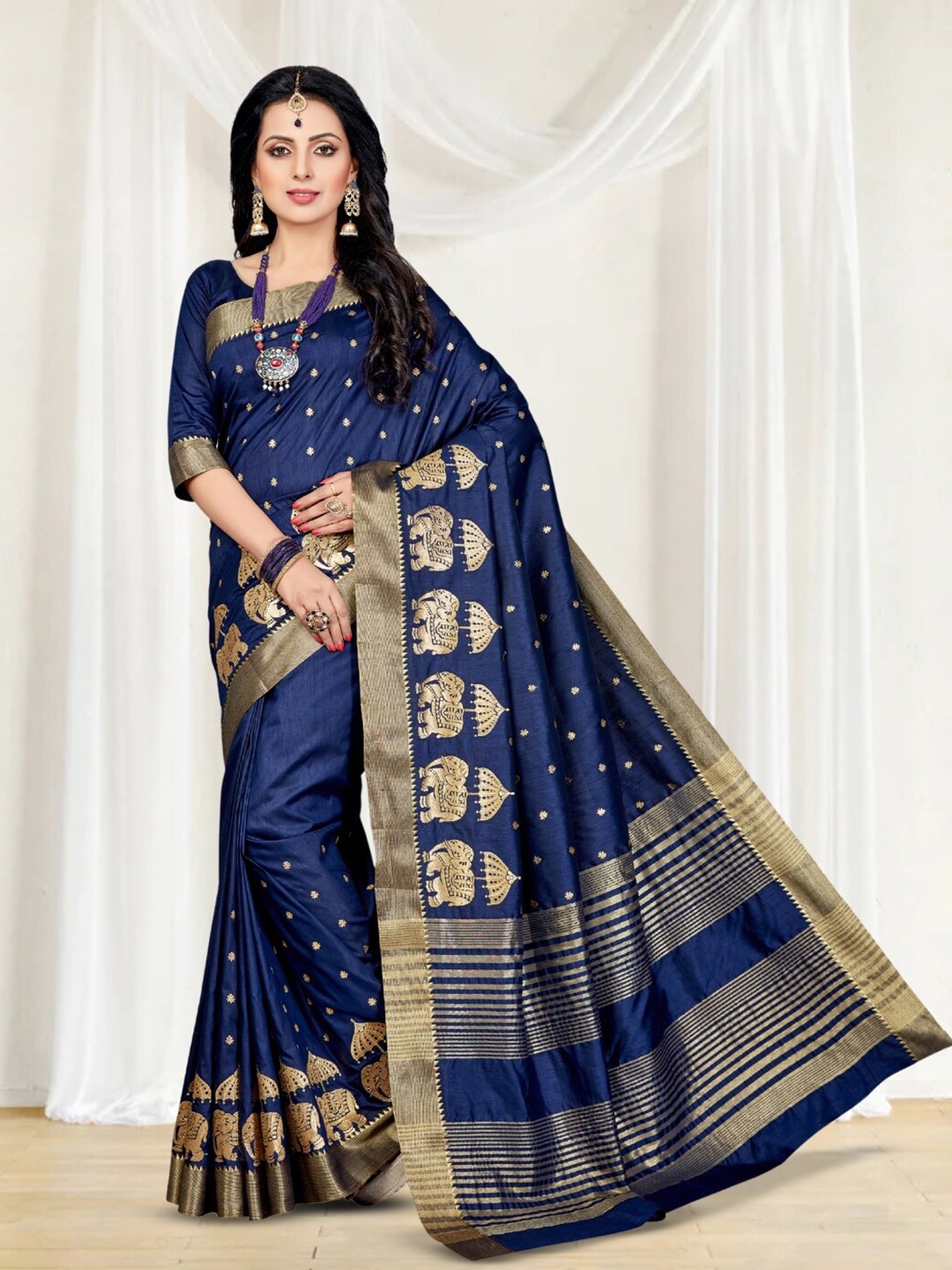 

Mitera Ethnic Motifs Zari Silk Kanjeevaram Saree, Navy blue