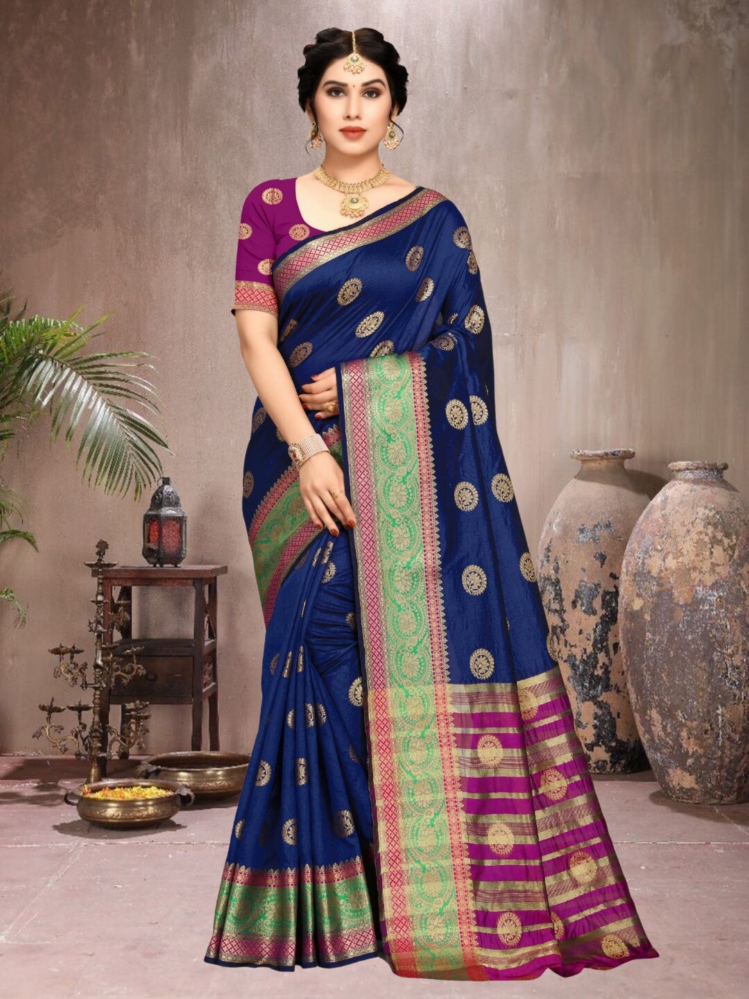 

Mitera Woven Design Zari Silk Cotton Banarasi Saree, Blue