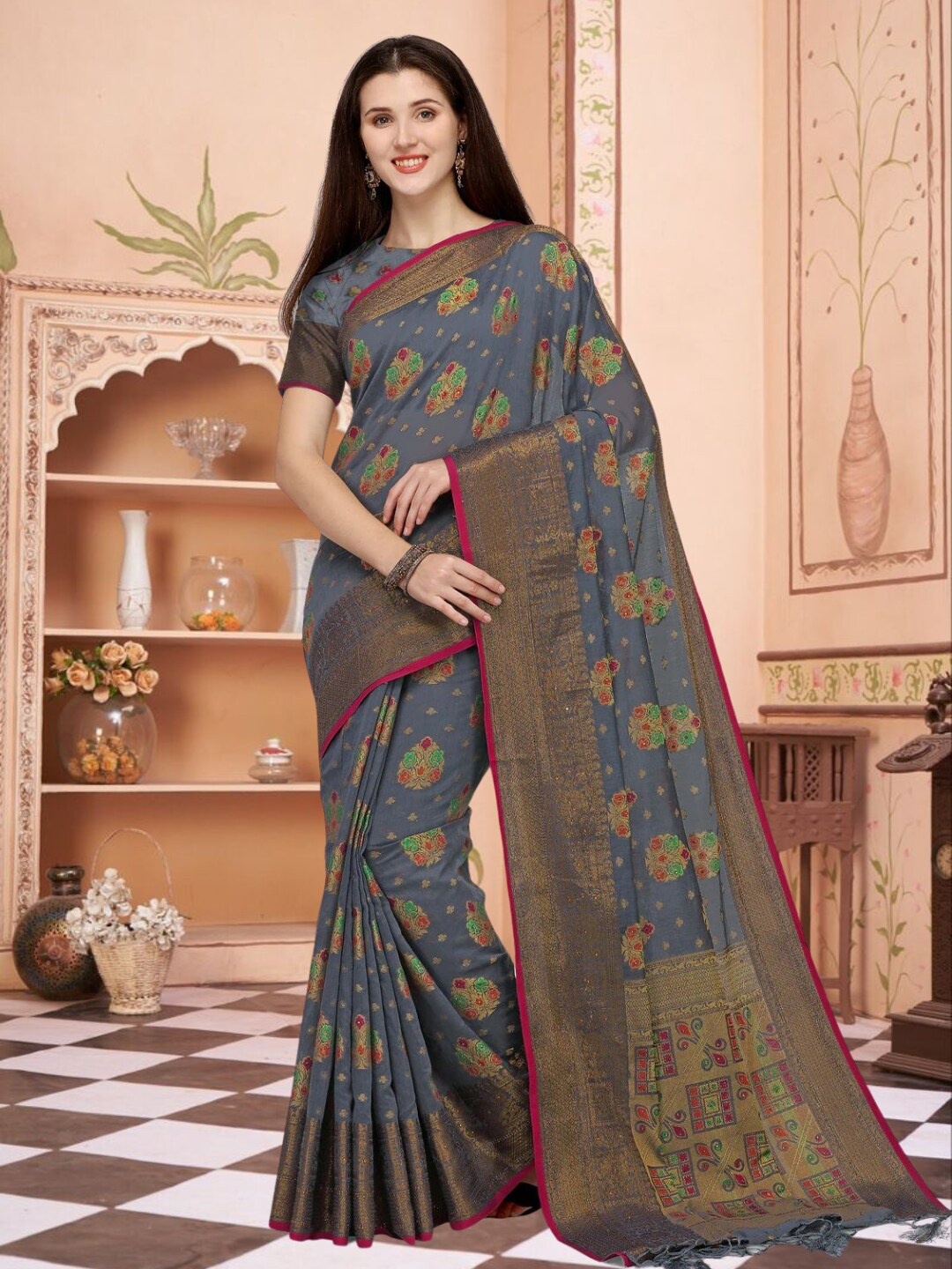 

Mitera Woven Design Zari Pure Cotton Chanderi Saree, Grey