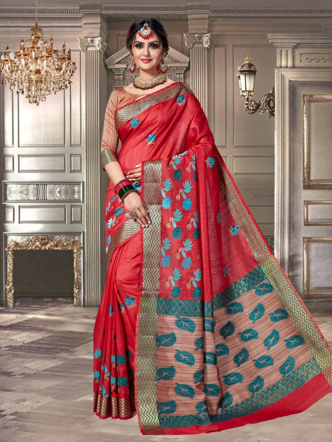 

Mitera Floral Zari Silk Kanjeevaram Saree, Rose