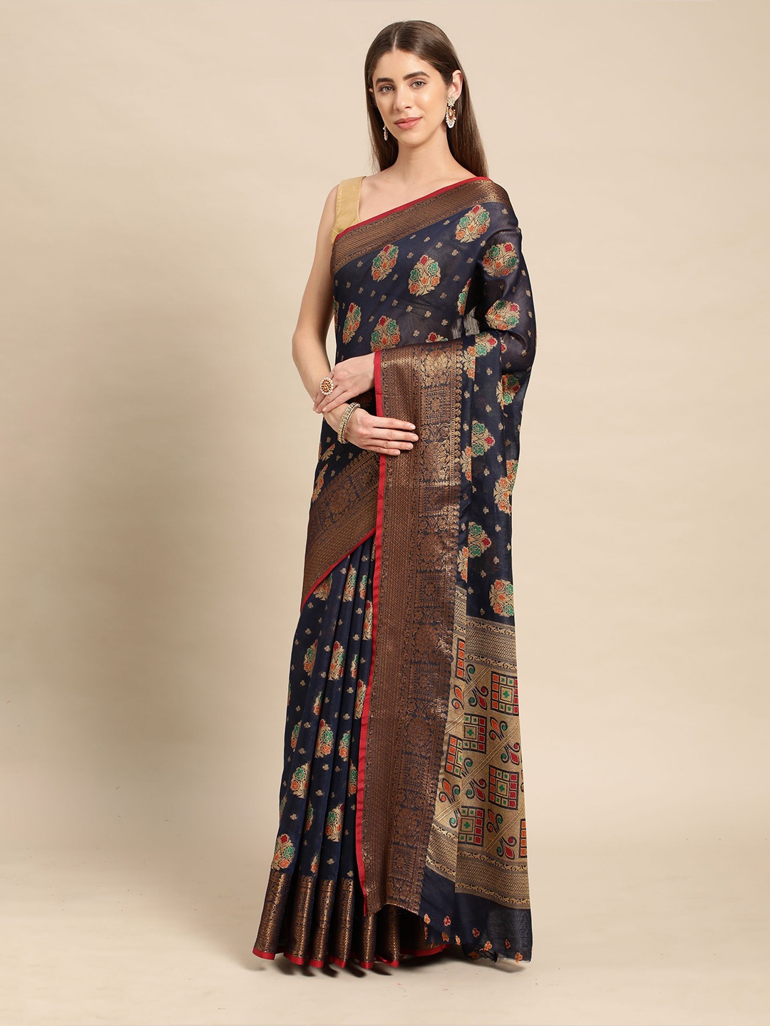 

Mitera Ethnic Motifs Woven Design Zari Pure Cotton Chanderi Saree, Navy blue