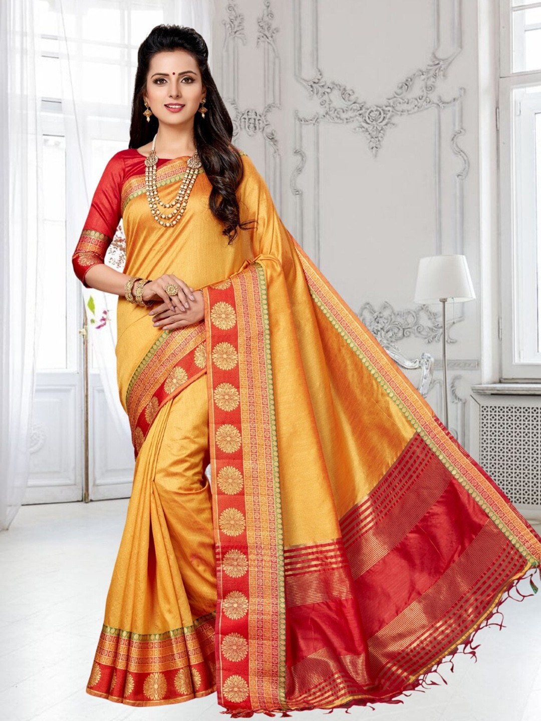 

Mitera Zari Silk Cotton Kanjeevaram Saree, Yellow