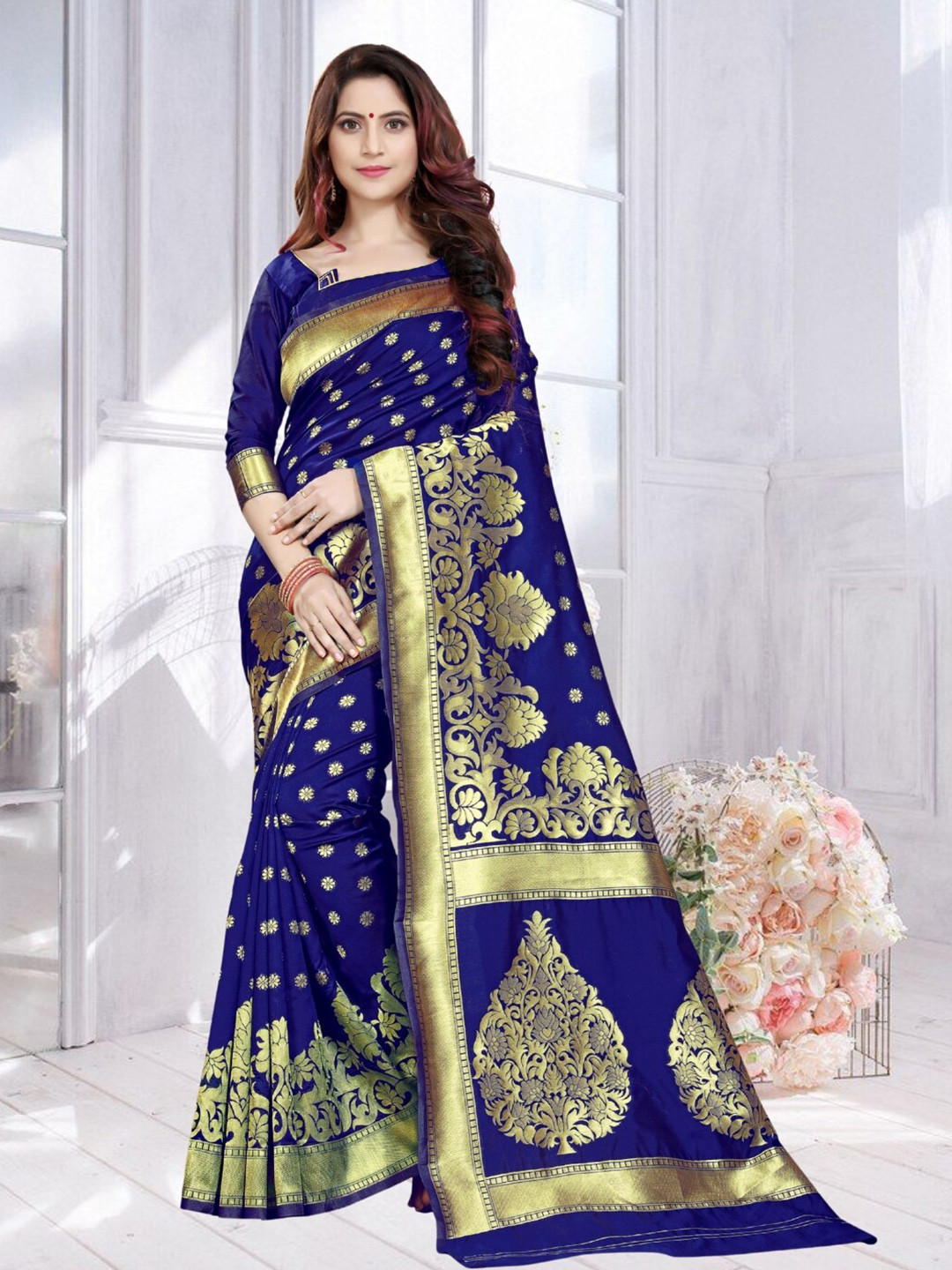 

Mitera Navy Blue & Gold Toned Woven Design Zari Art Silk Banarasi Saree