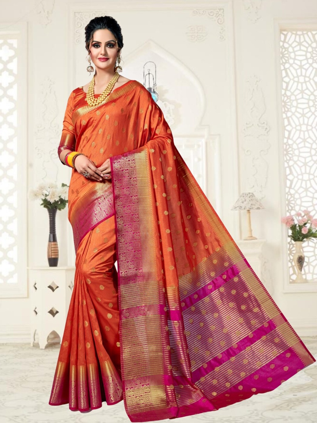 

Mitera Woven Design Zari Kanjeevaram Saree, Orange