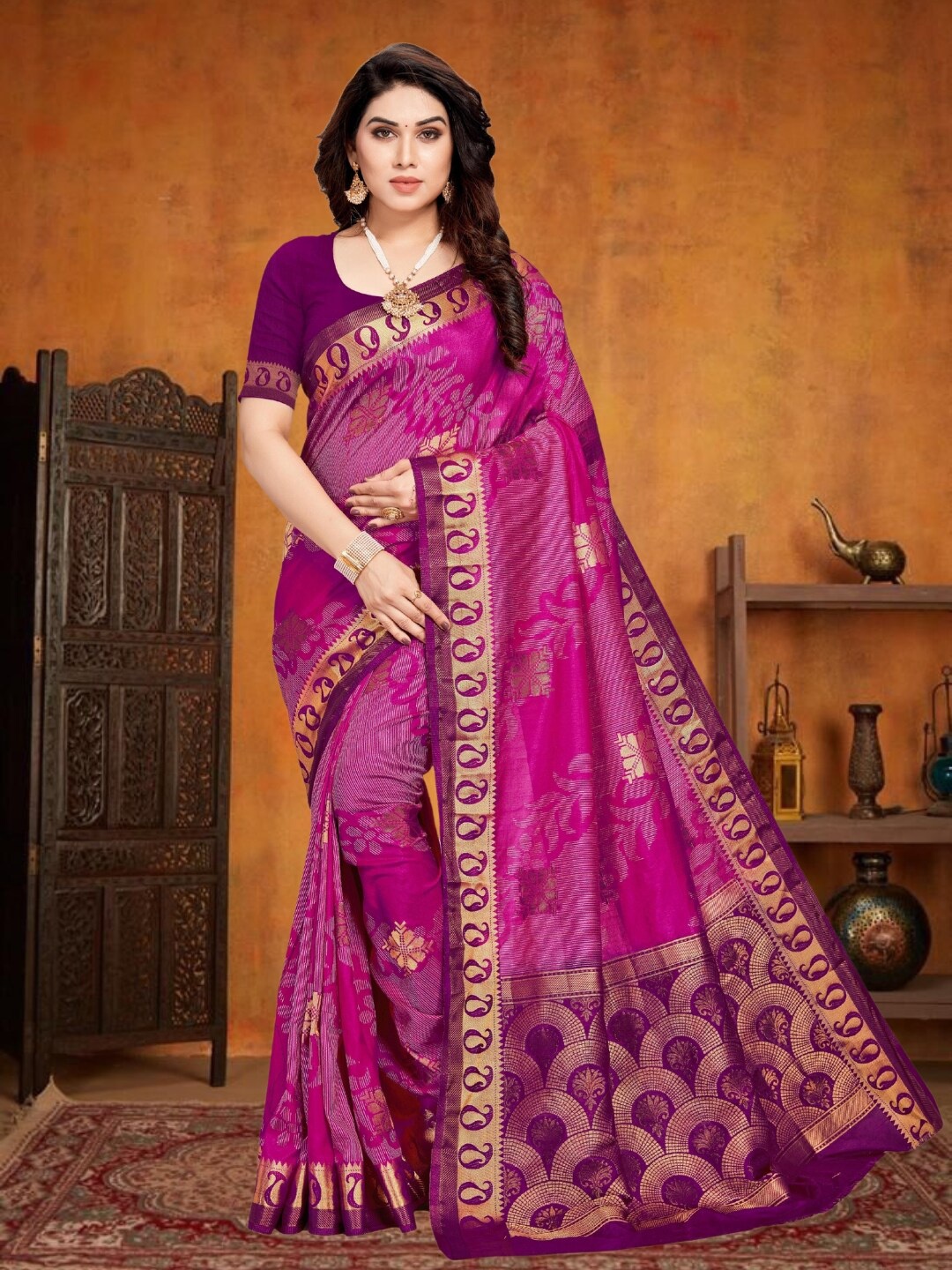 

Mitera Woven Design Zari Silk Kanjeevaram Saree, Pink