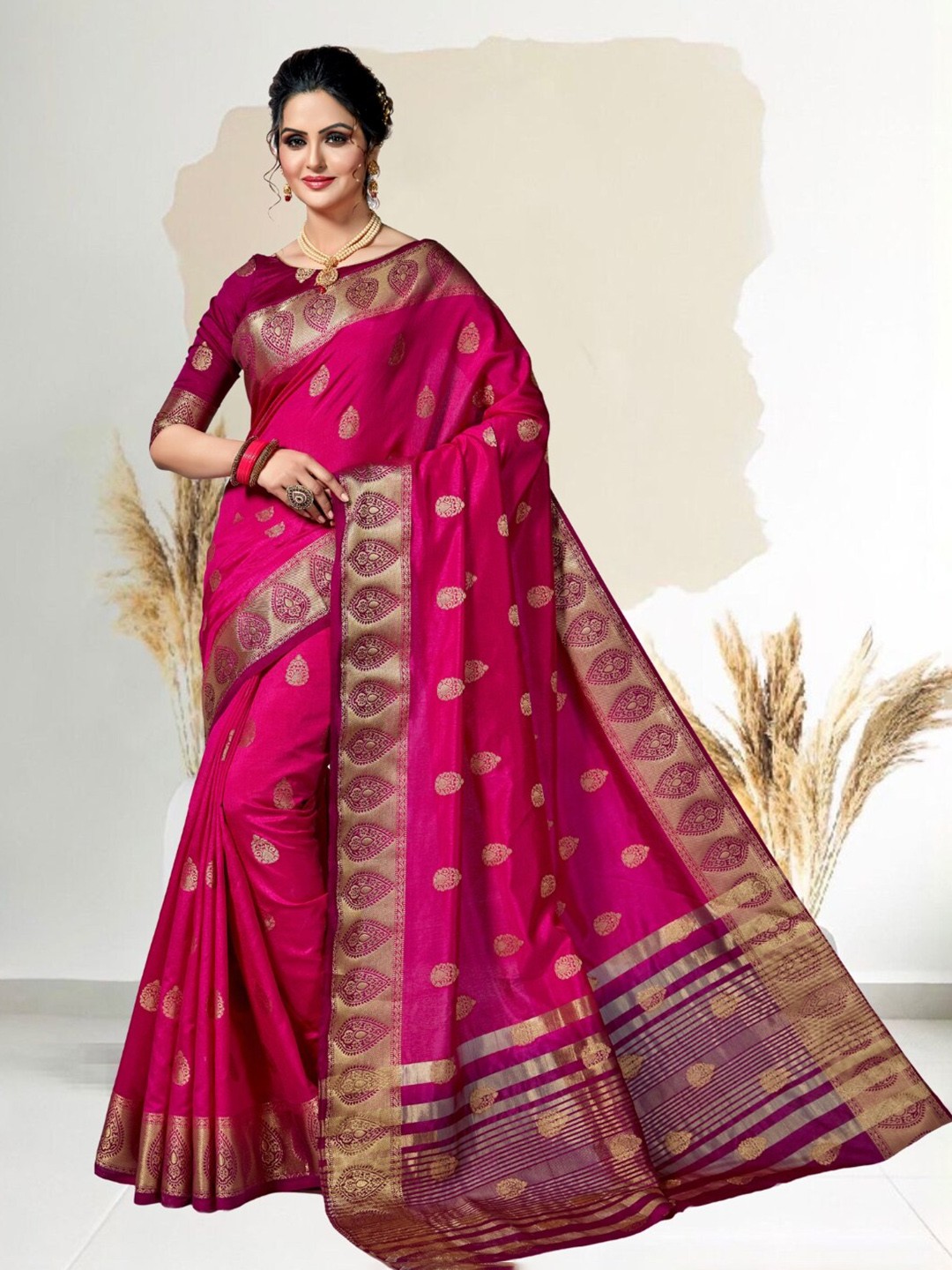 

Mitera Woven Design Zari Silk Kanjeevaram Saree, Pink