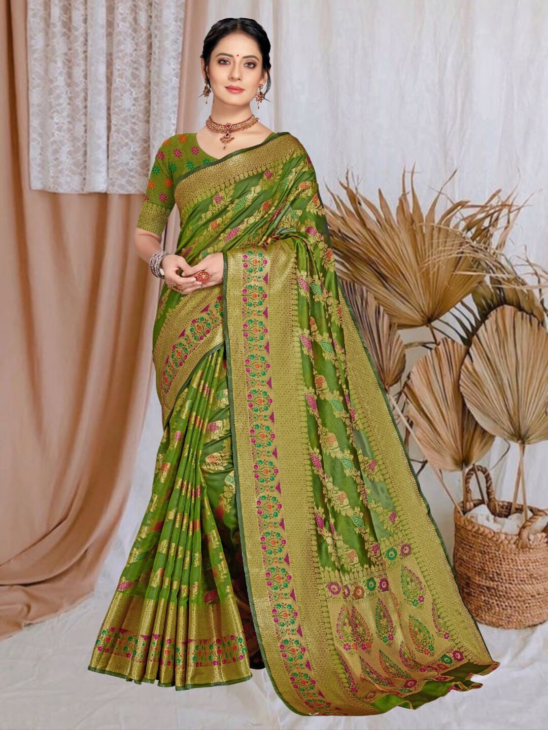 

Mitera Woven Design Zari Organza Banarasi Saree, Olive