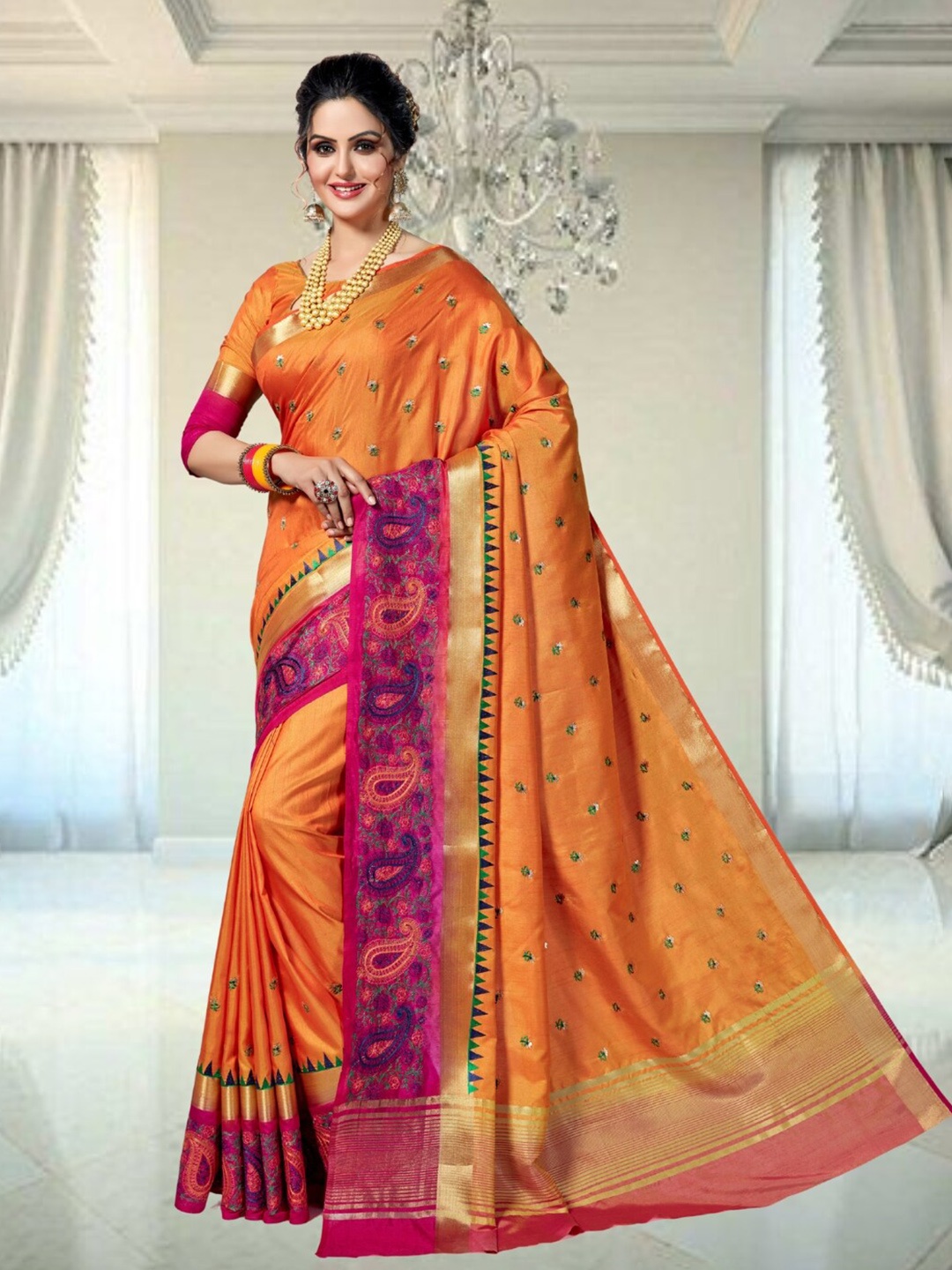 

Mitera Woven Design Zari Silk Kanjeevaram Saree, Orange