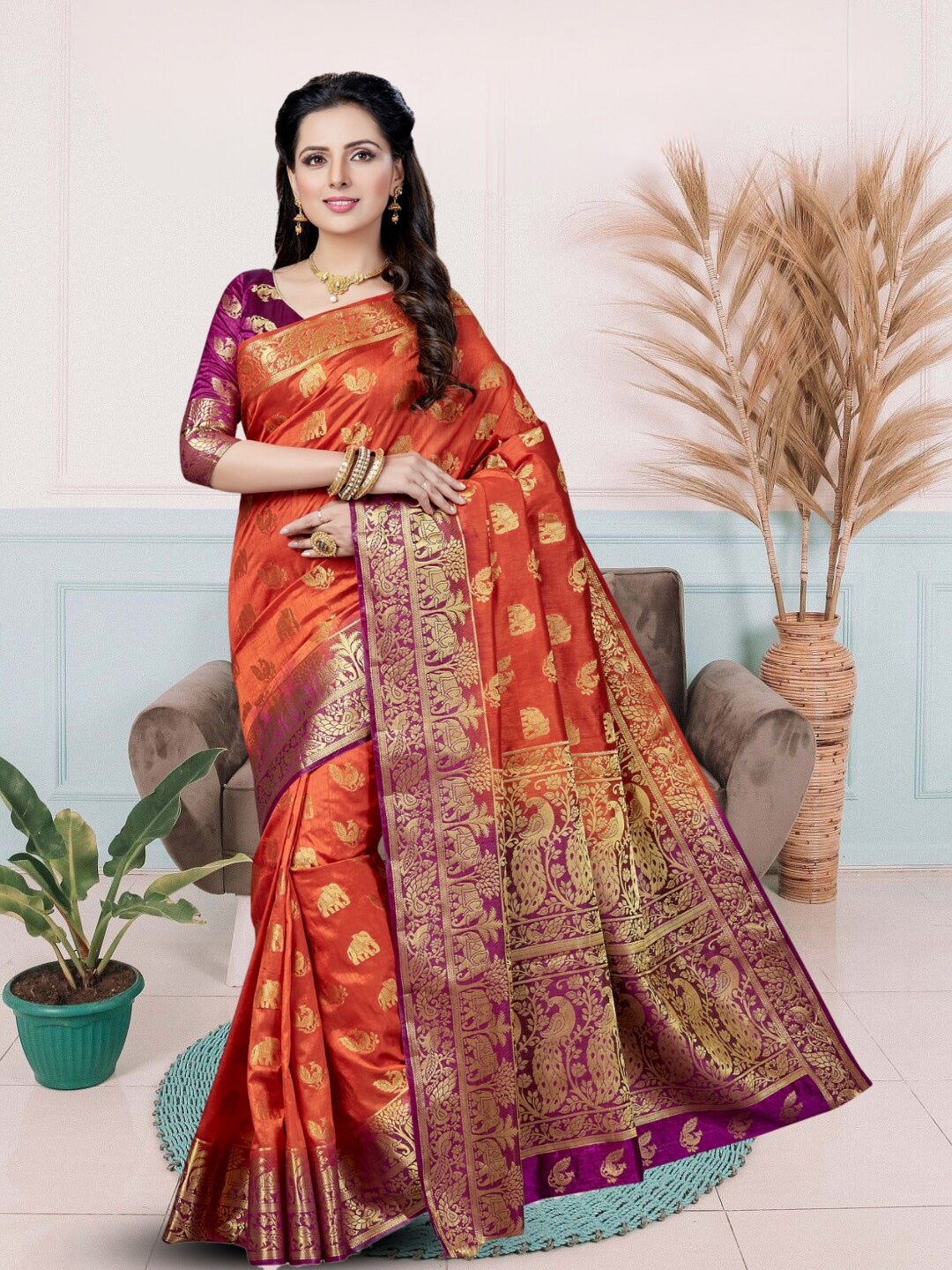 

Mitera Orange & Purple Woven Design Zari Kanjeevaram Saree