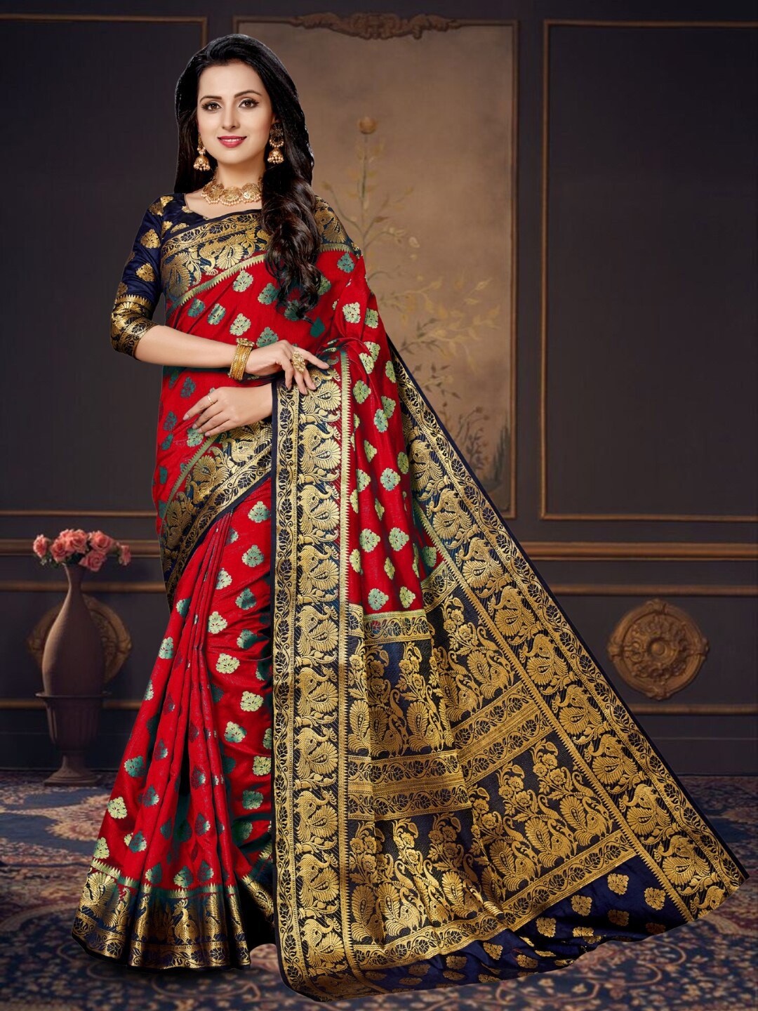 

Mitera Floral Woven Design Zari Kanjeevaram Saree, Red
