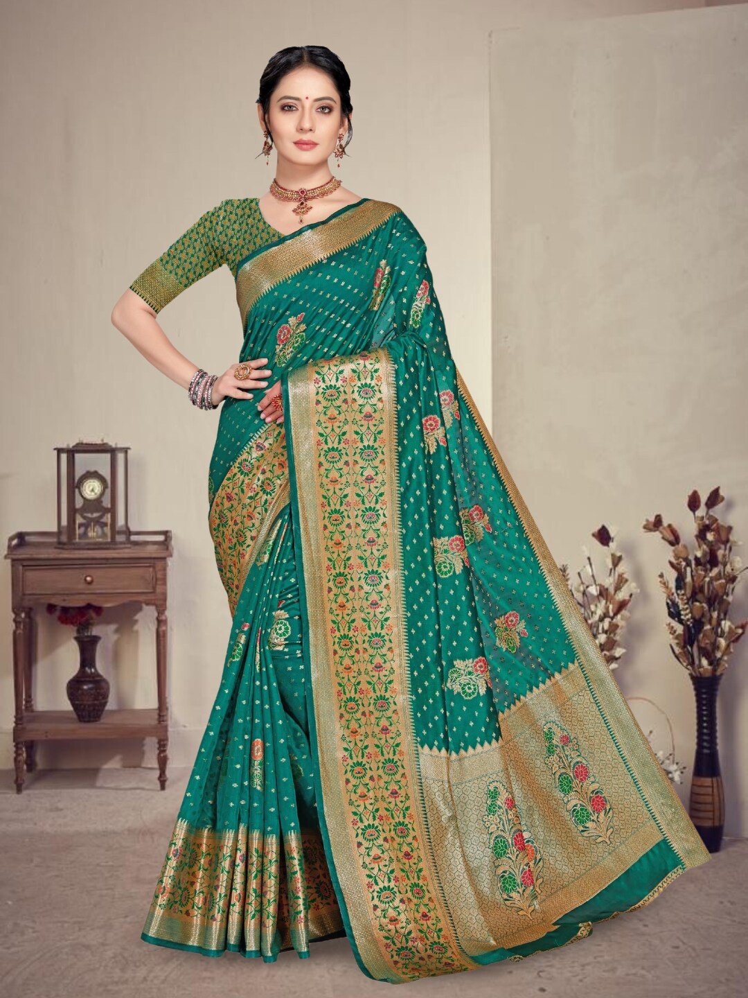 

Mitera Woven Design Polka Print Zari Banarasi Organza Saree, Teal