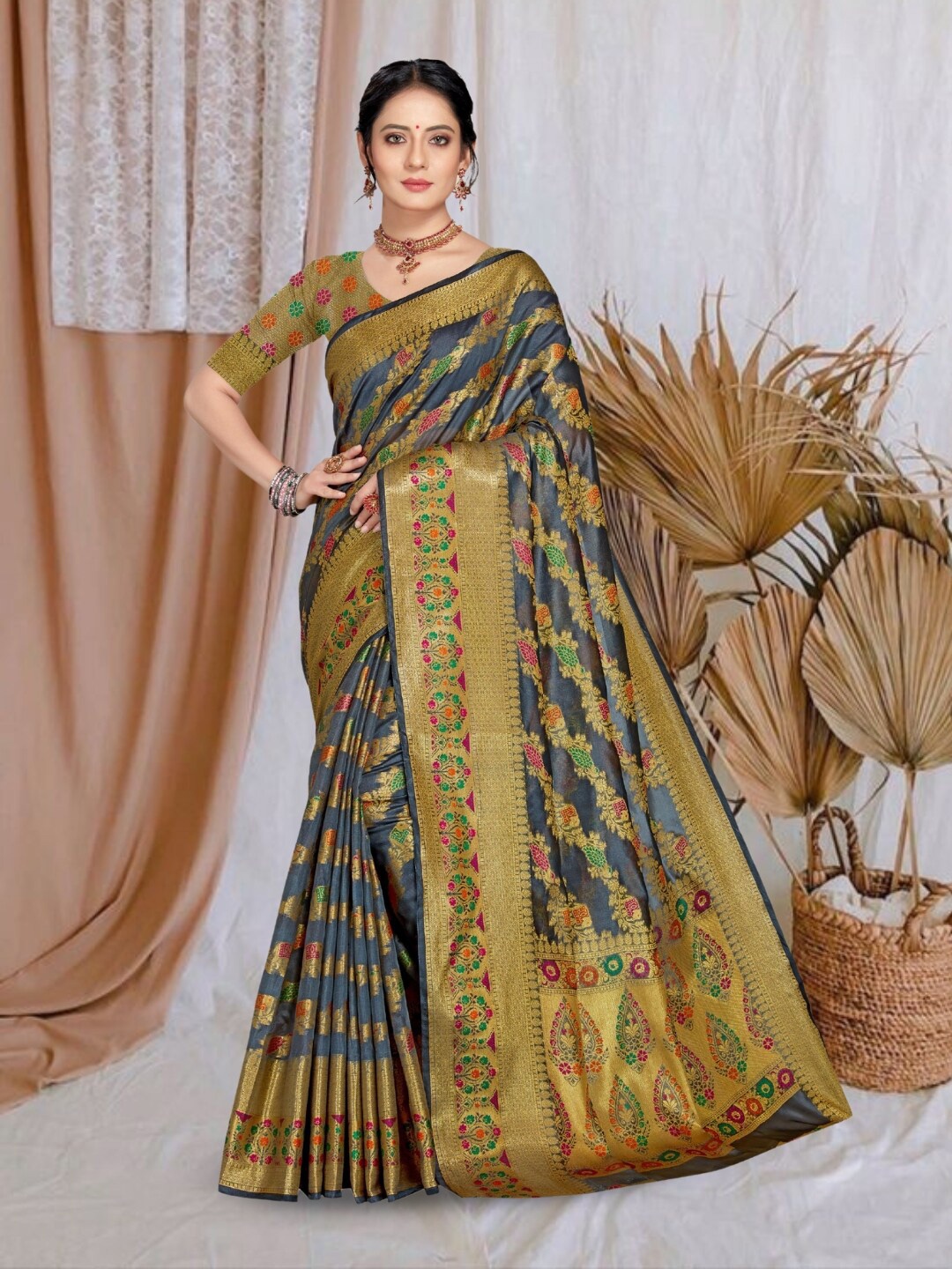 

Mitera Woven Design Zari Organza Banarasi Saree, Grey