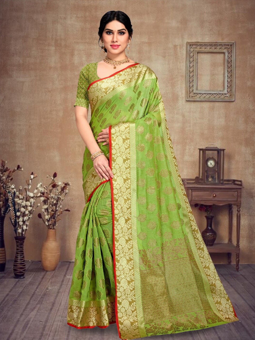 

Mitera Woven Design Zari Pure Cotton Chanderi Saree, Lime green