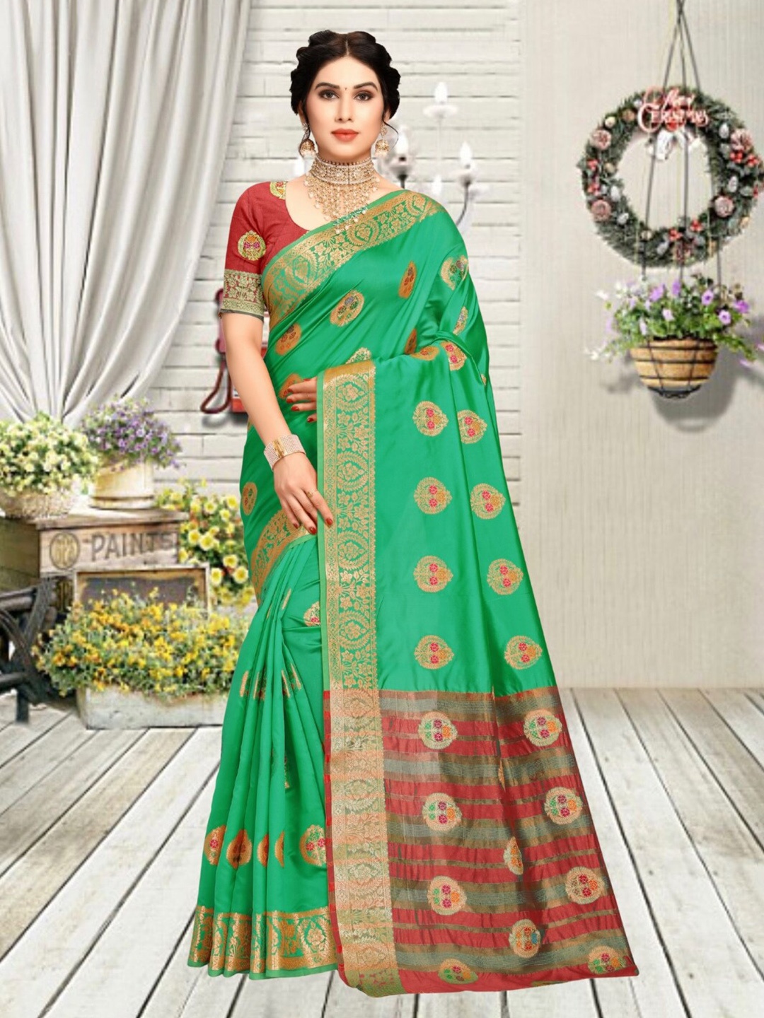 

Mitera Sea Green & Red Ethnic Motifs Woven Design Zari Art Silk Banarasi Saree