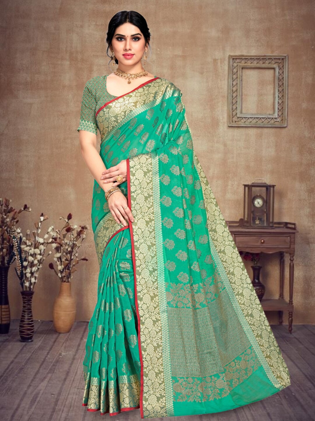 

Mitera Woven Design Zari Pure Cotton Chanderi Saree, Green