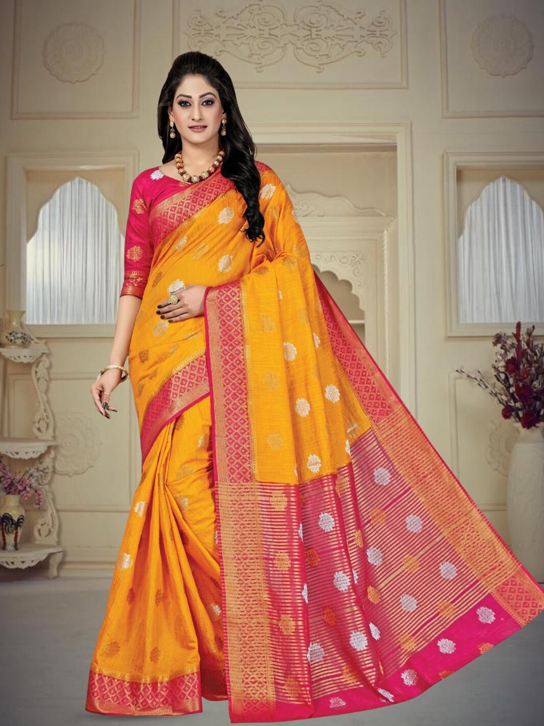 

Mitera Floral Woven Design Zari Kanjeevaram Saree, Yellow