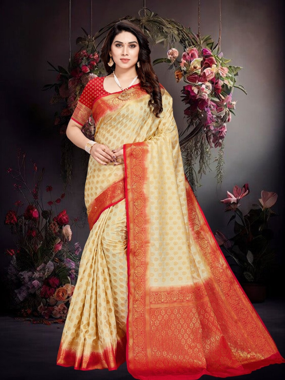 

Mitera Ethnic Motif Woven Design Zari Kanjeevaram Saree, Cream