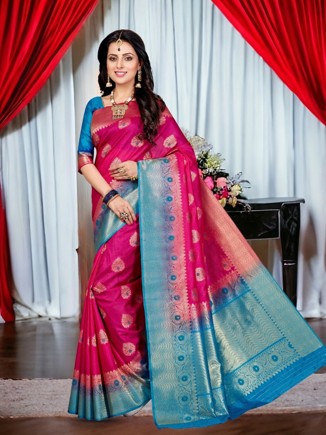 

Mitera Ethnic Motifs Woven Design Zari Kanjeevaram Saree, Pink