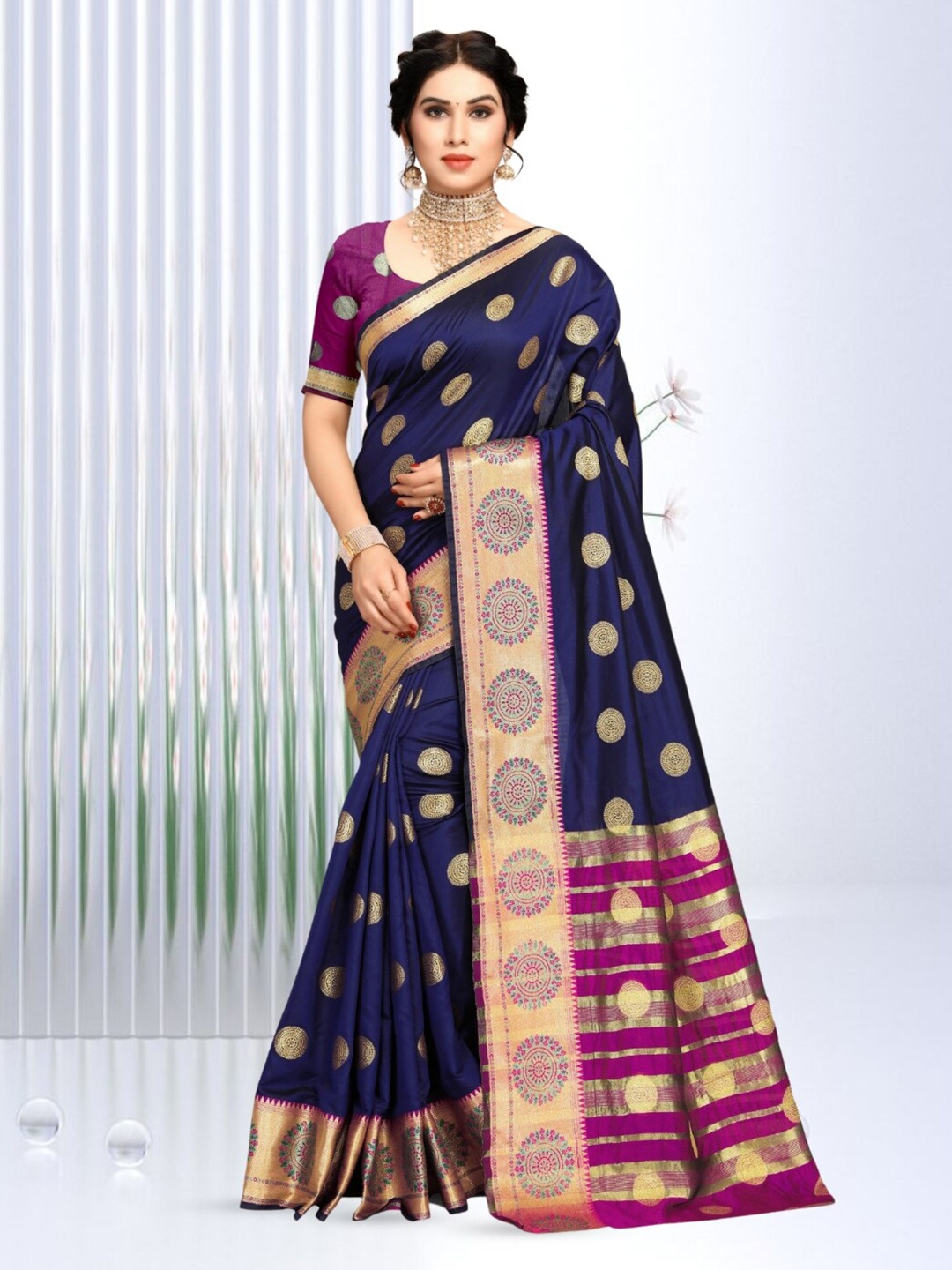 

Mitera Navy Blue & Gold toned Woven Design Zari Banarasi Saree