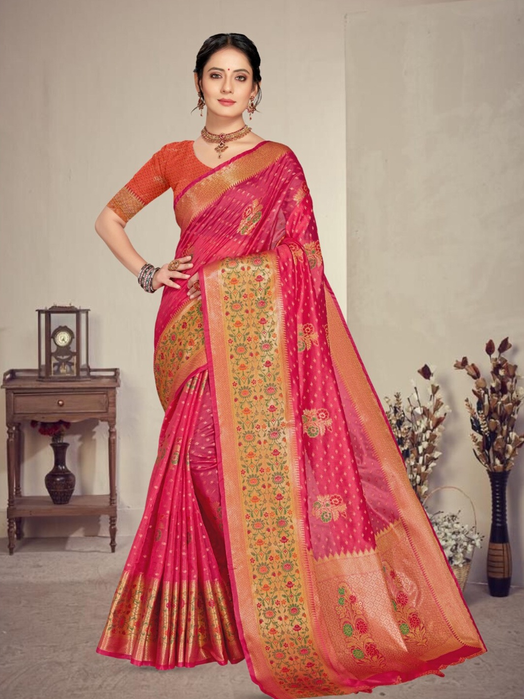 

Mitera Pink & Gold toned Woven Design Zari Organza Banarasi Saree