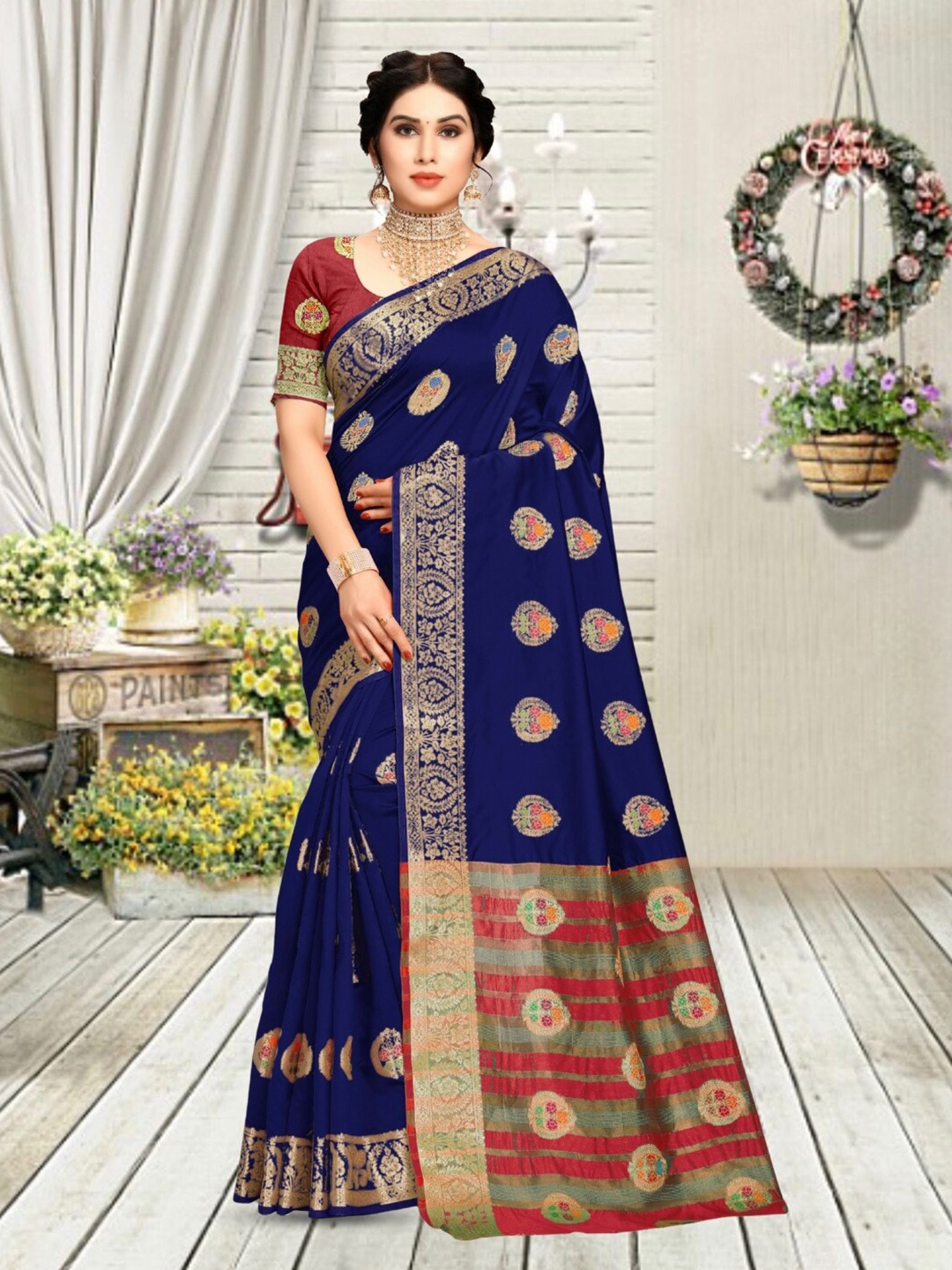 

Mitera Navy Blue & Red Woven Design Zari Banarasi Saree