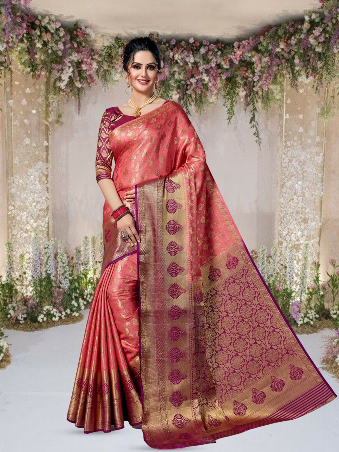 

Mitera Woven Design Zari Kanjeevaram Saree, Pink