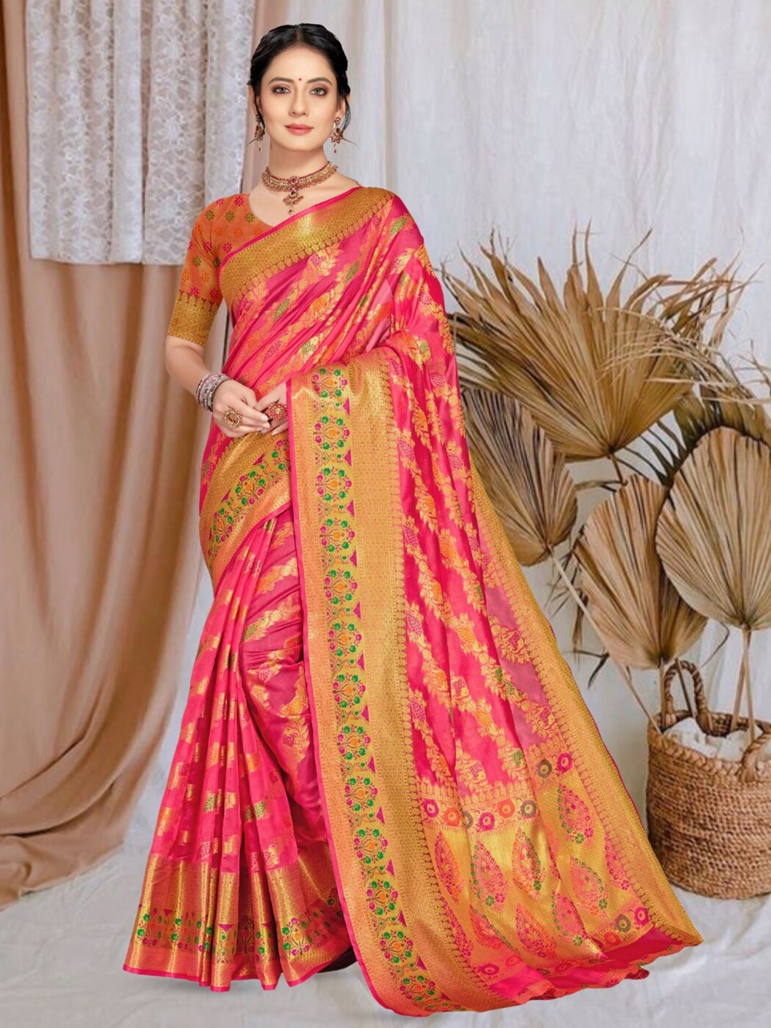 

Mitera Floral Woven Design Zari Banarasi Organza Saree, Pink