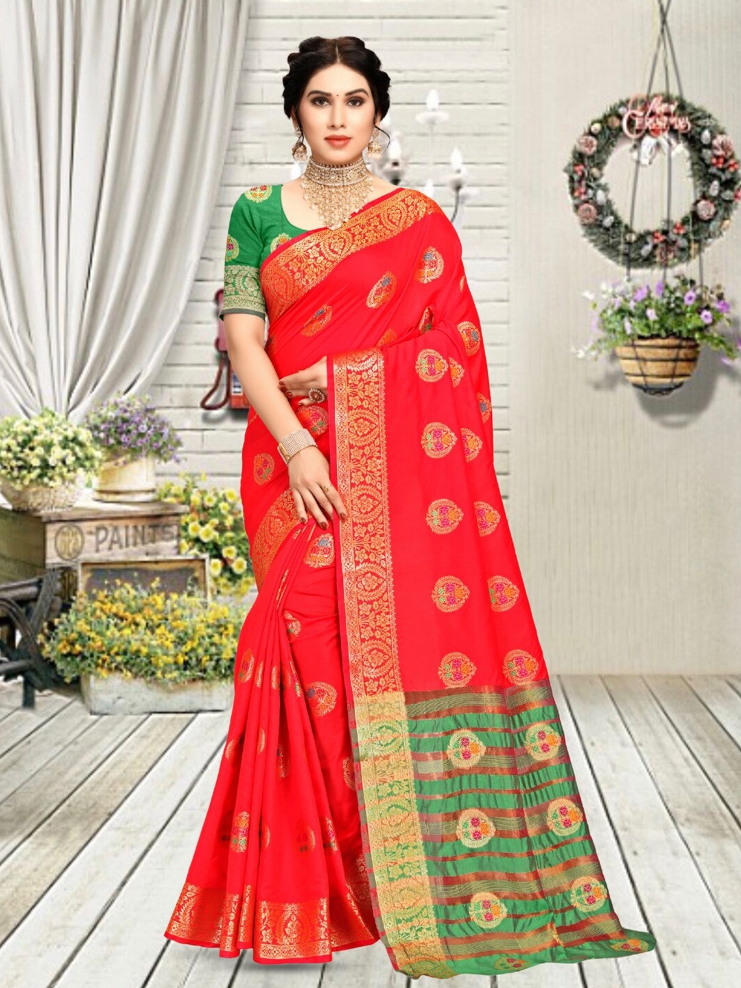 

Mitera Woven Design Zari Banarasi Saree, Red