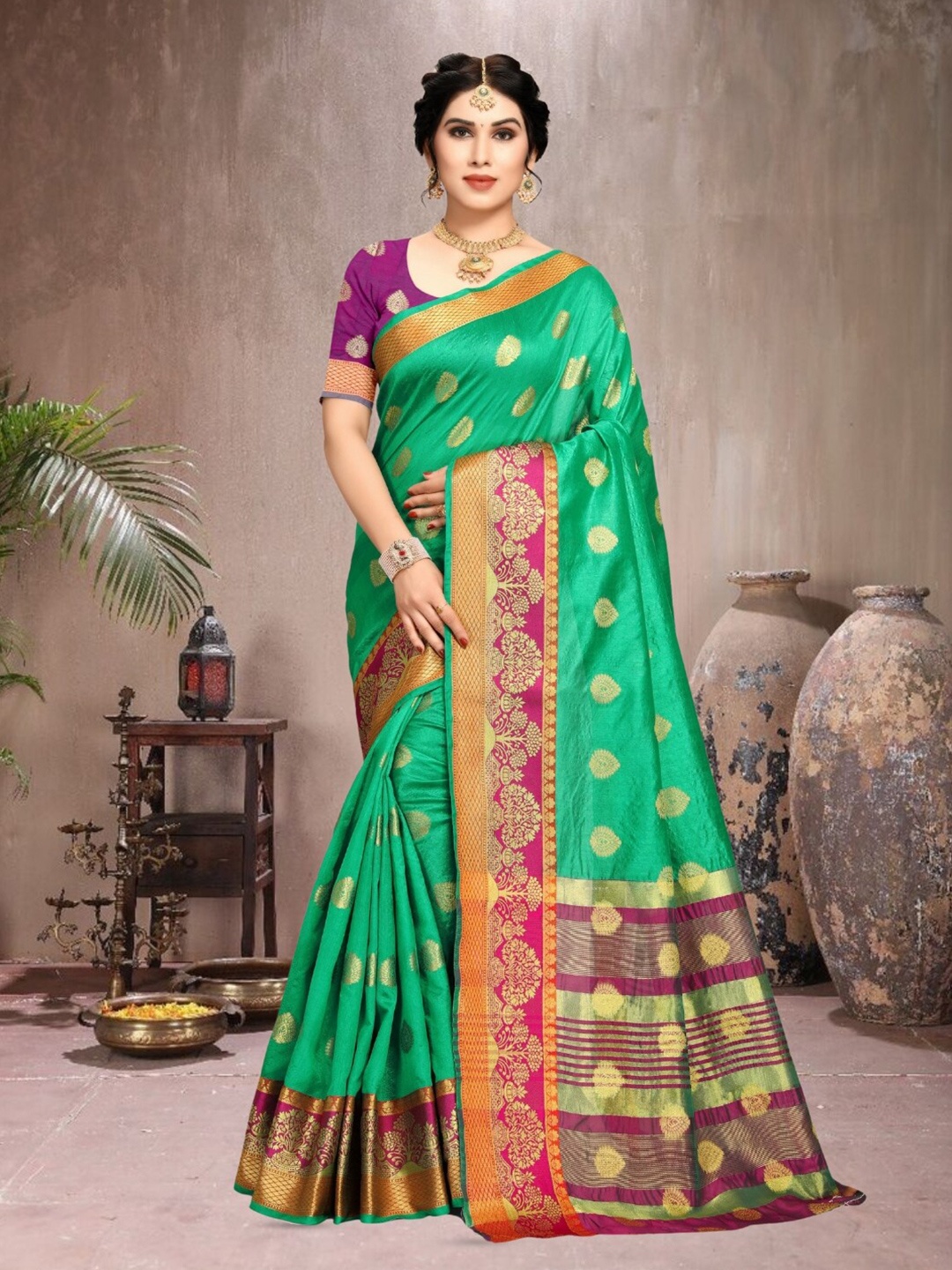 

Mitera Green & Purple Woven Design Zari Banarasi Saree