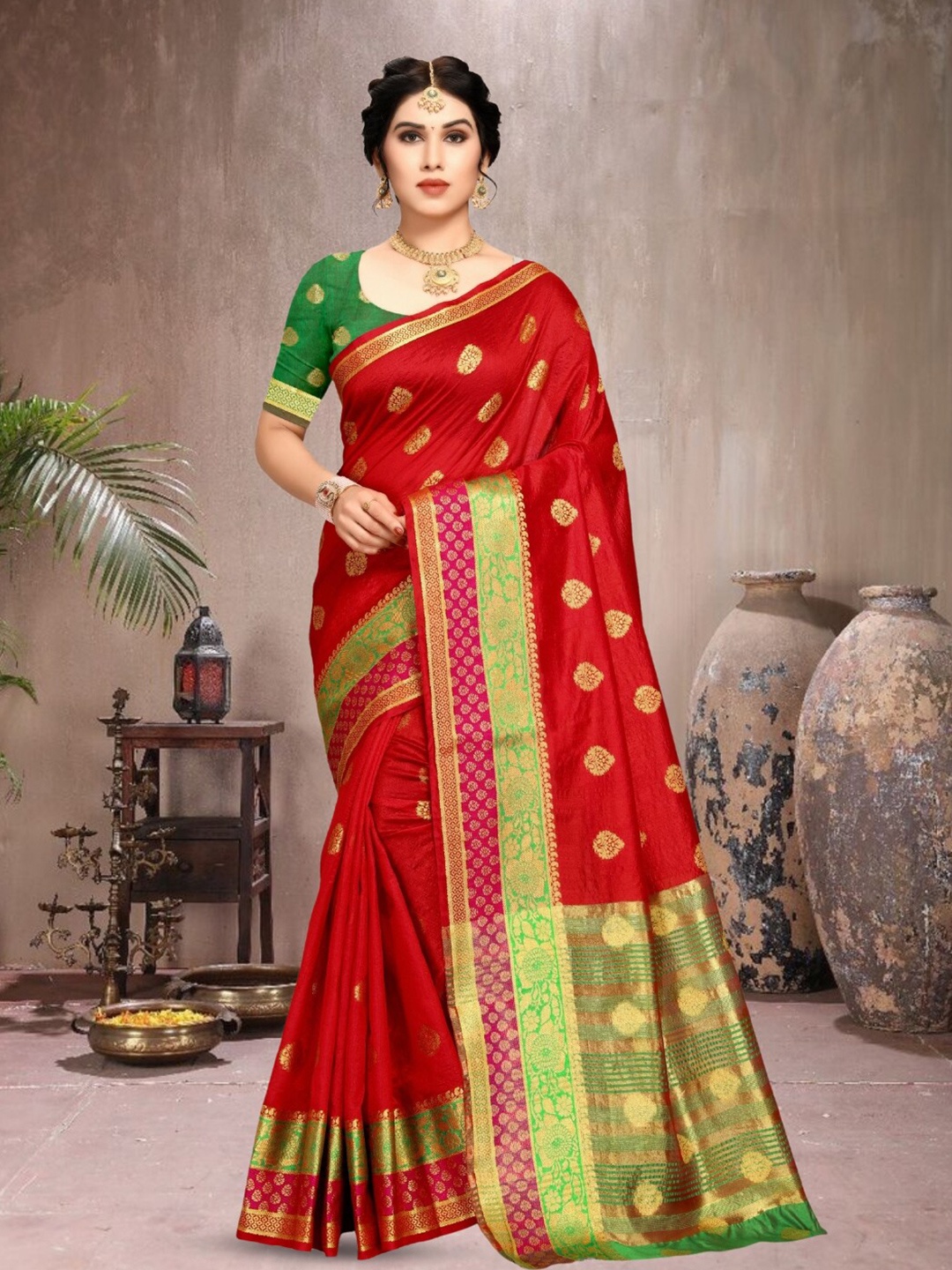 

Mitera Woven Design Zari Silk Cotton Banarasi Saree, Red