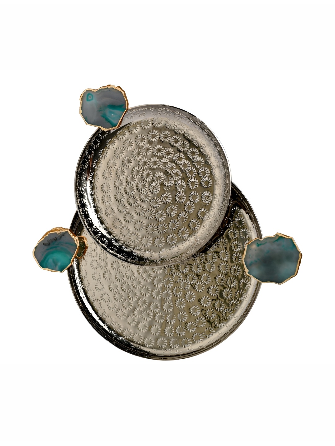 

HOMEARTE 2 Pieces Brown & Turquoise Blue Textured Metal Round Serving Trays
