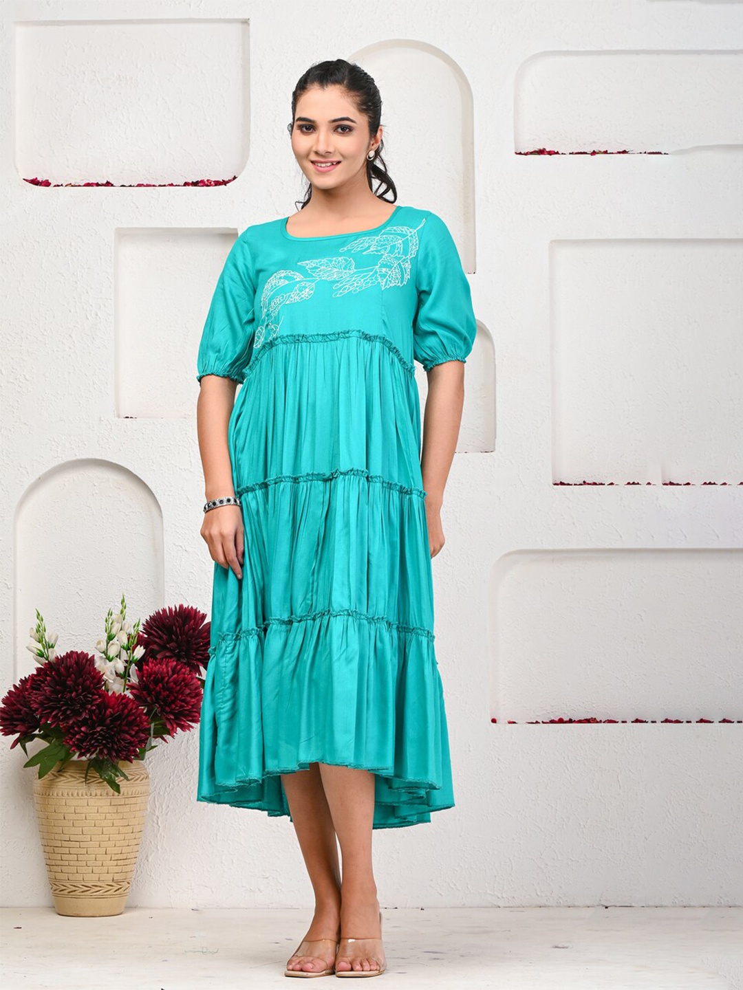 

Indi INSIDE Round Neck Embroidered Tiered Cotton Empire Dress, Sea green