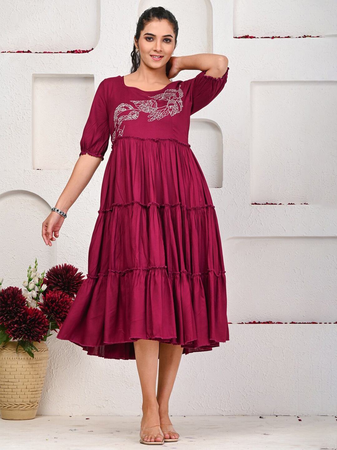 

Indi INSIDE Round Neck Embroidered Tiered Cotton Empire Dress, Magenta