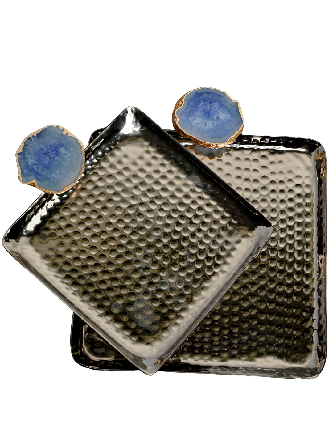 

HOMEARTE Blue and BronzeToned Square Aluminium Tray With Agate Studded