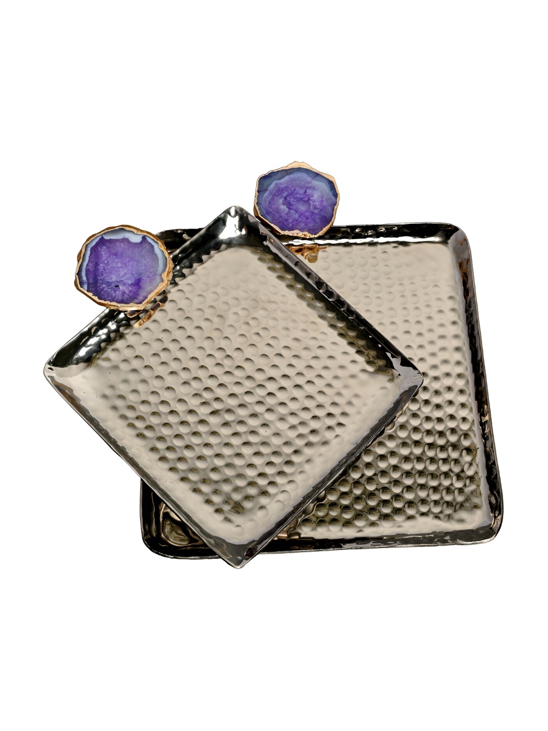 

HOMEARTE Purple and BronzeToned Square Agate Studded Textured Aluminium Tray